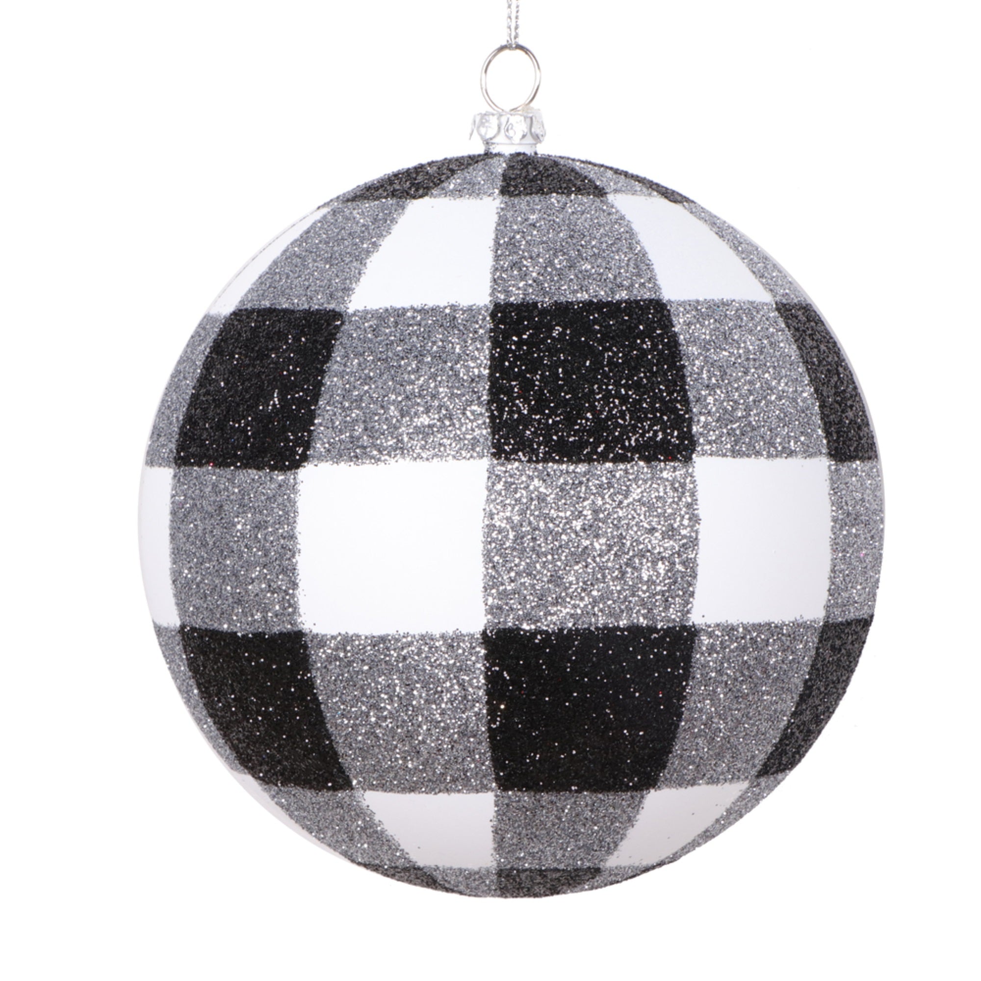 Vickerman 4.7” White Black Plaid Glitter Ball Ornament 3 per bag.