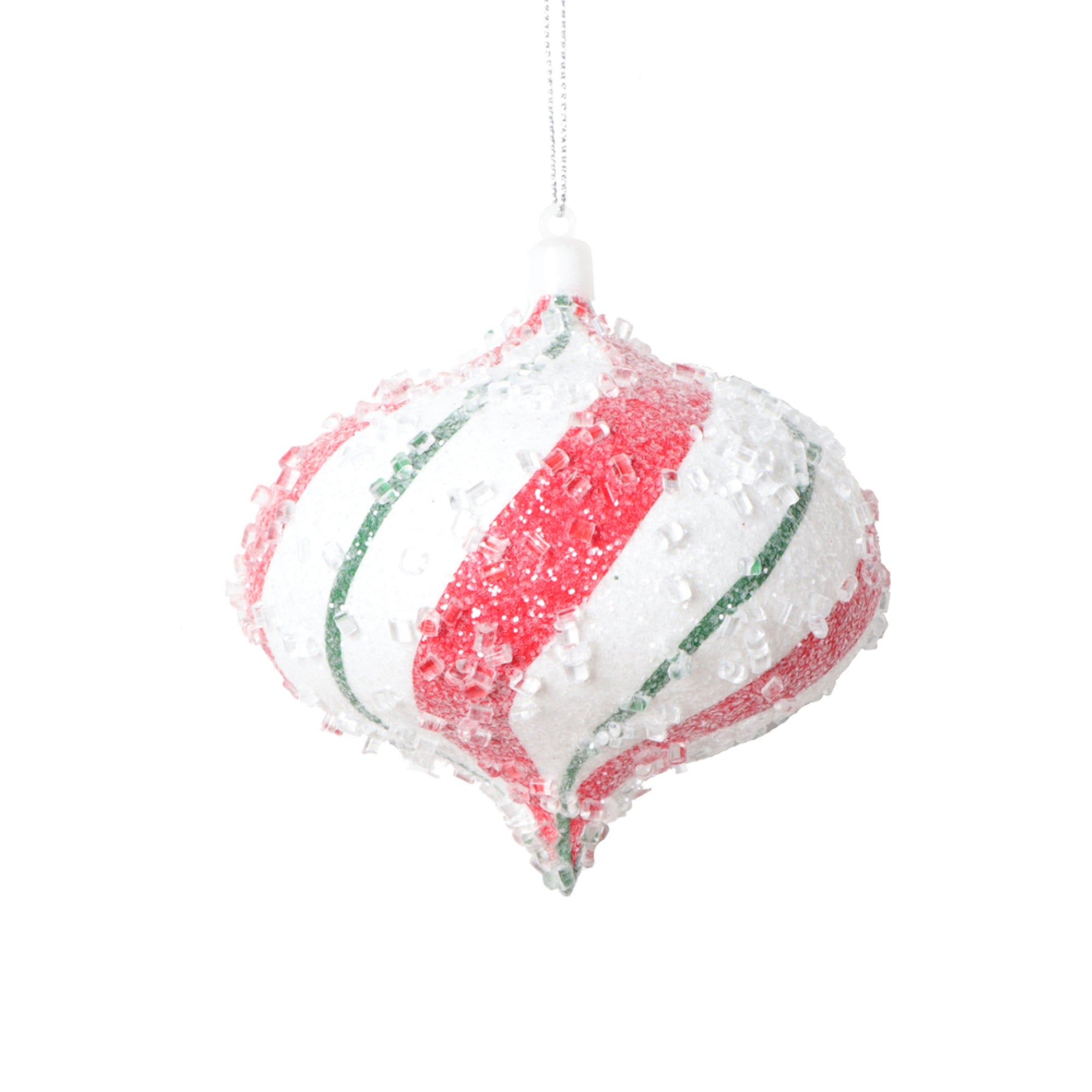 Vickerman 4” White Red Green Swirl Onion Ornament 3 per bag.