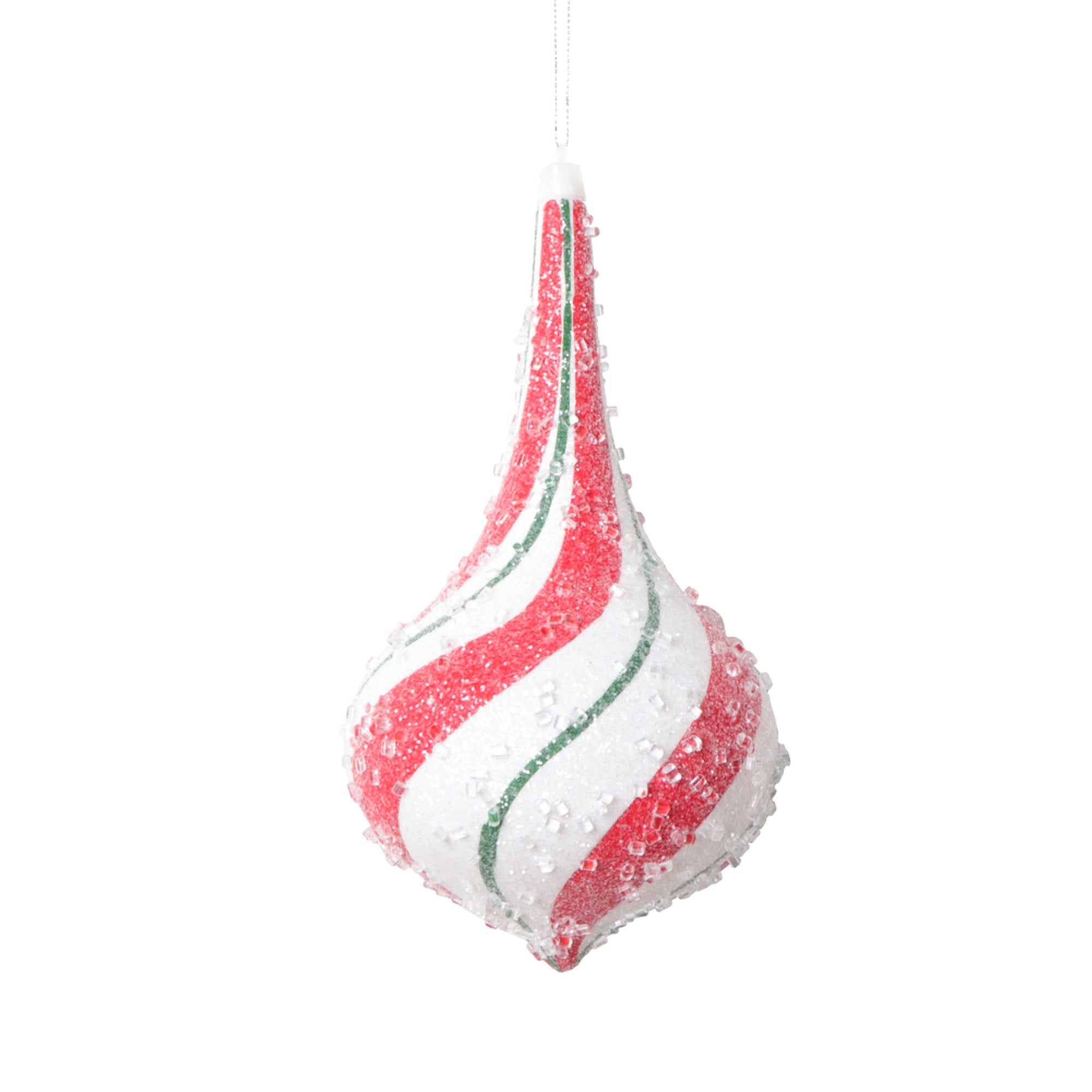 Vickerman 8” White Red Green Swirl Drop Ornament 2 per bag.