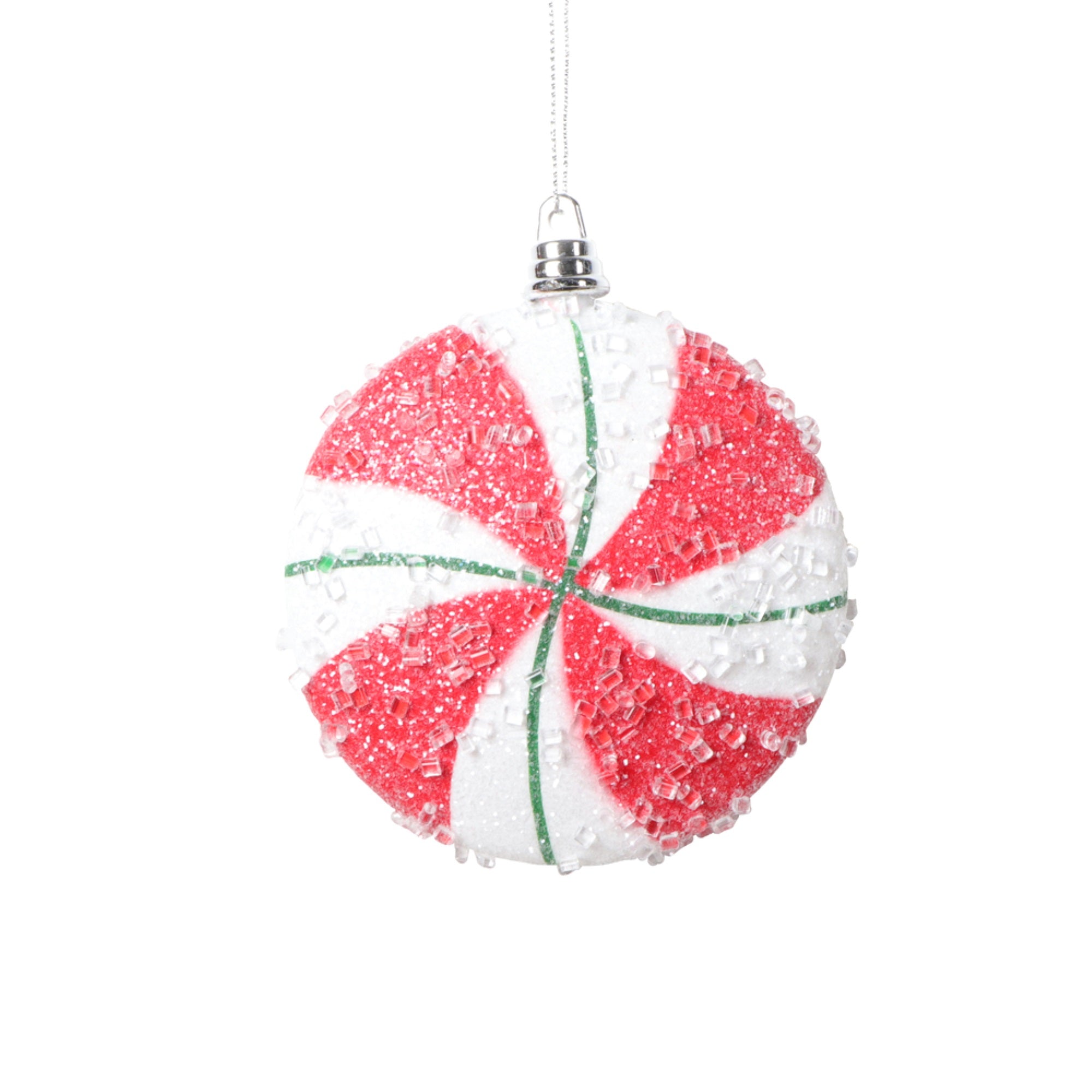 Vickerman 4” White Red Green Swirl Flat Ball Ornament 4 per bag.