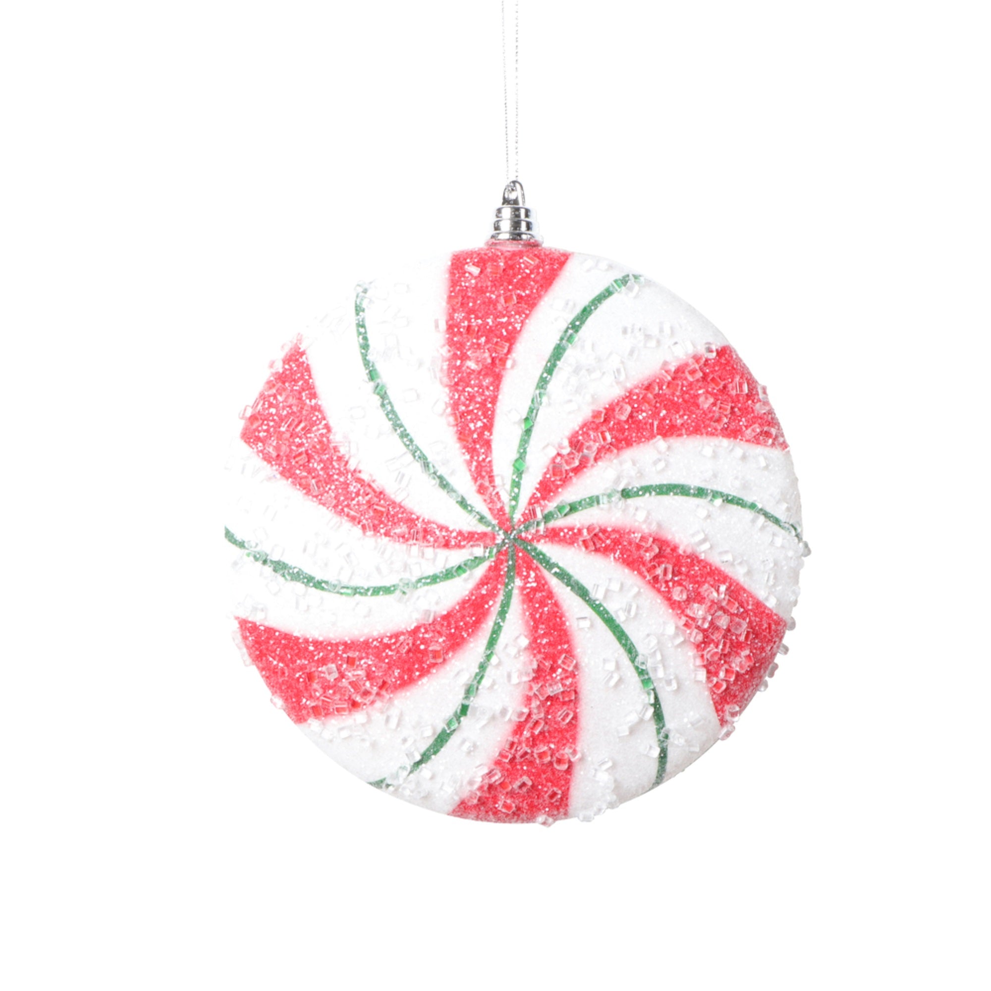 Vickerman 6” White Red Green Swirl Flat Ball Ornament 2 per bag.
