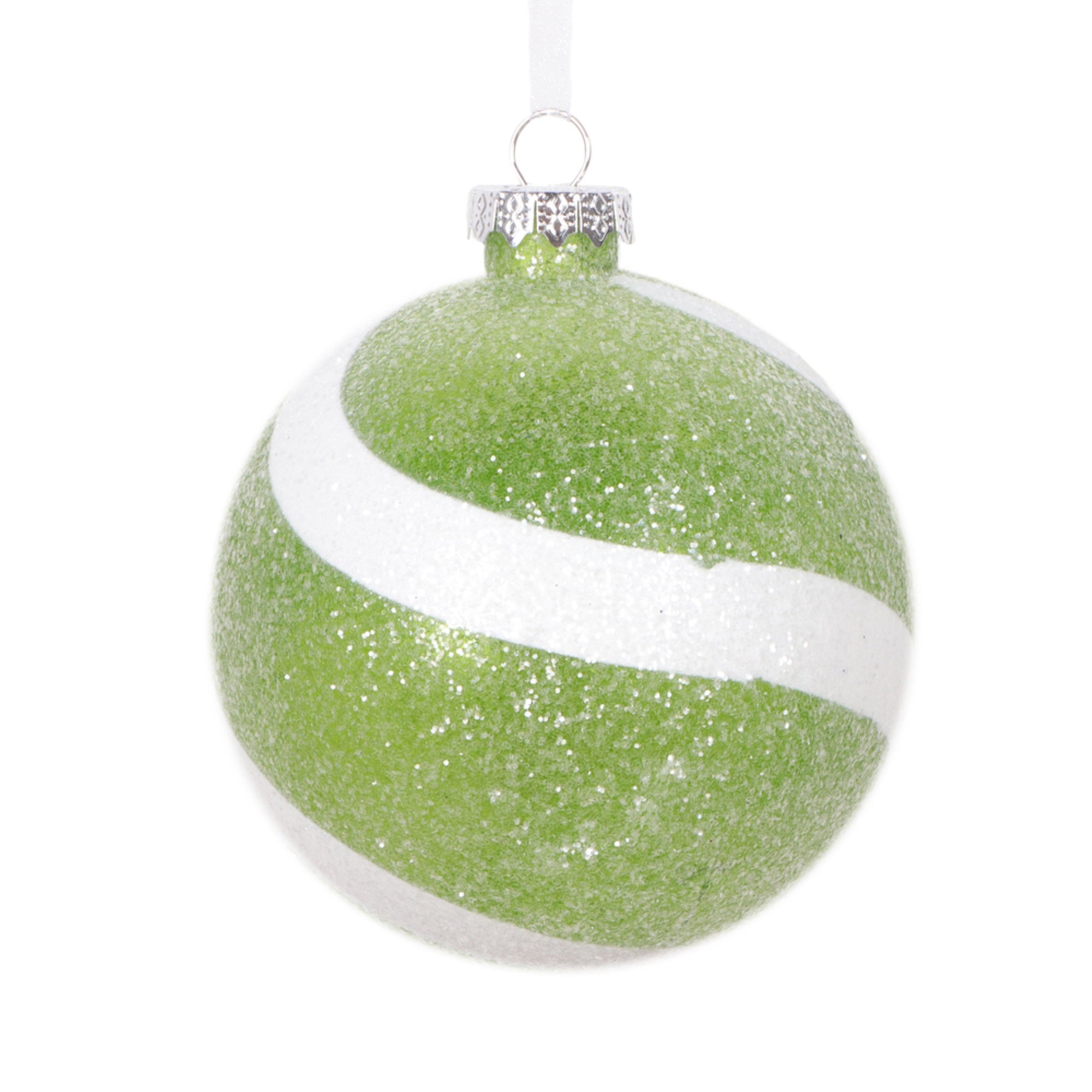 Vickerman 4” Green and White Swirl Sugar Glitter Ball Ornament 4 per bag.