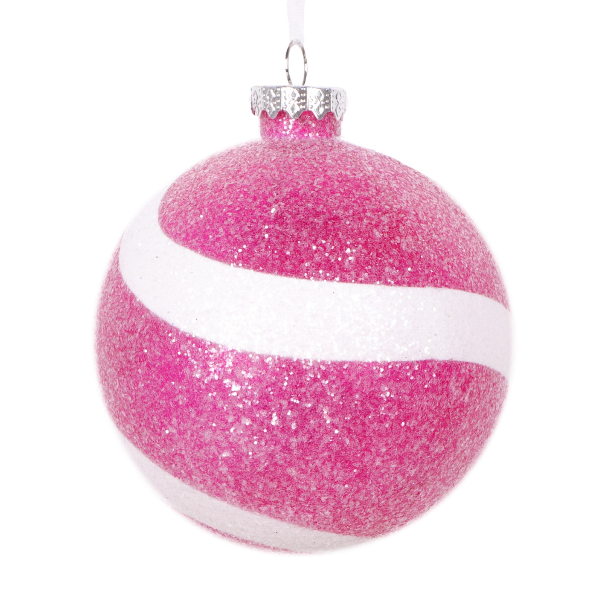 Vickerman 4” Fuchsia and White Swirl Sugar Glitter Ball Ornament 4 per bag.