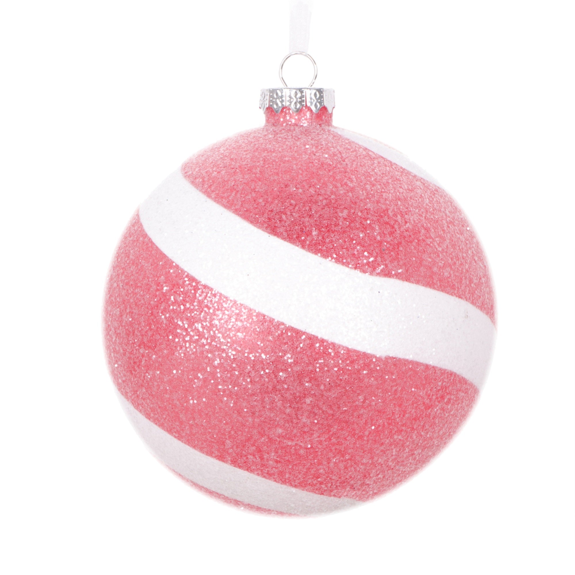 Vickerman 4.75” Red and White Swirl Sugar Glitter Ball Ornament 3 per bag.