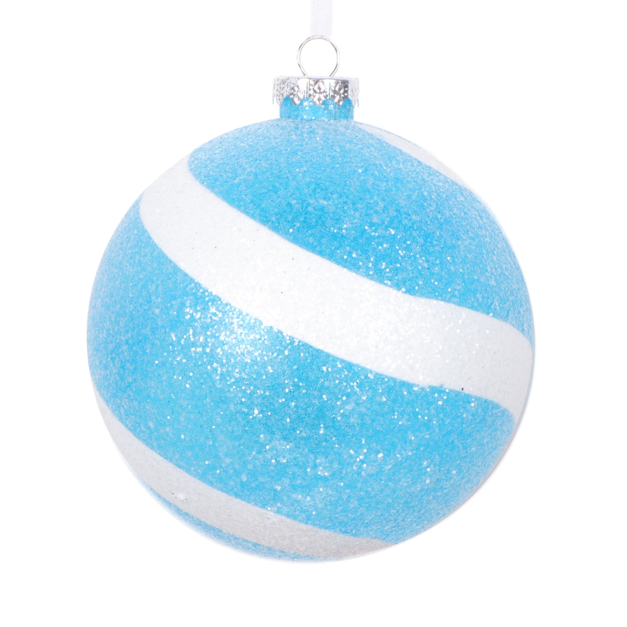 Vickerman 4.75” Baby Blue and White Swirl Sugar Glitter Ball. Includes 3 pieces. String Hanger.