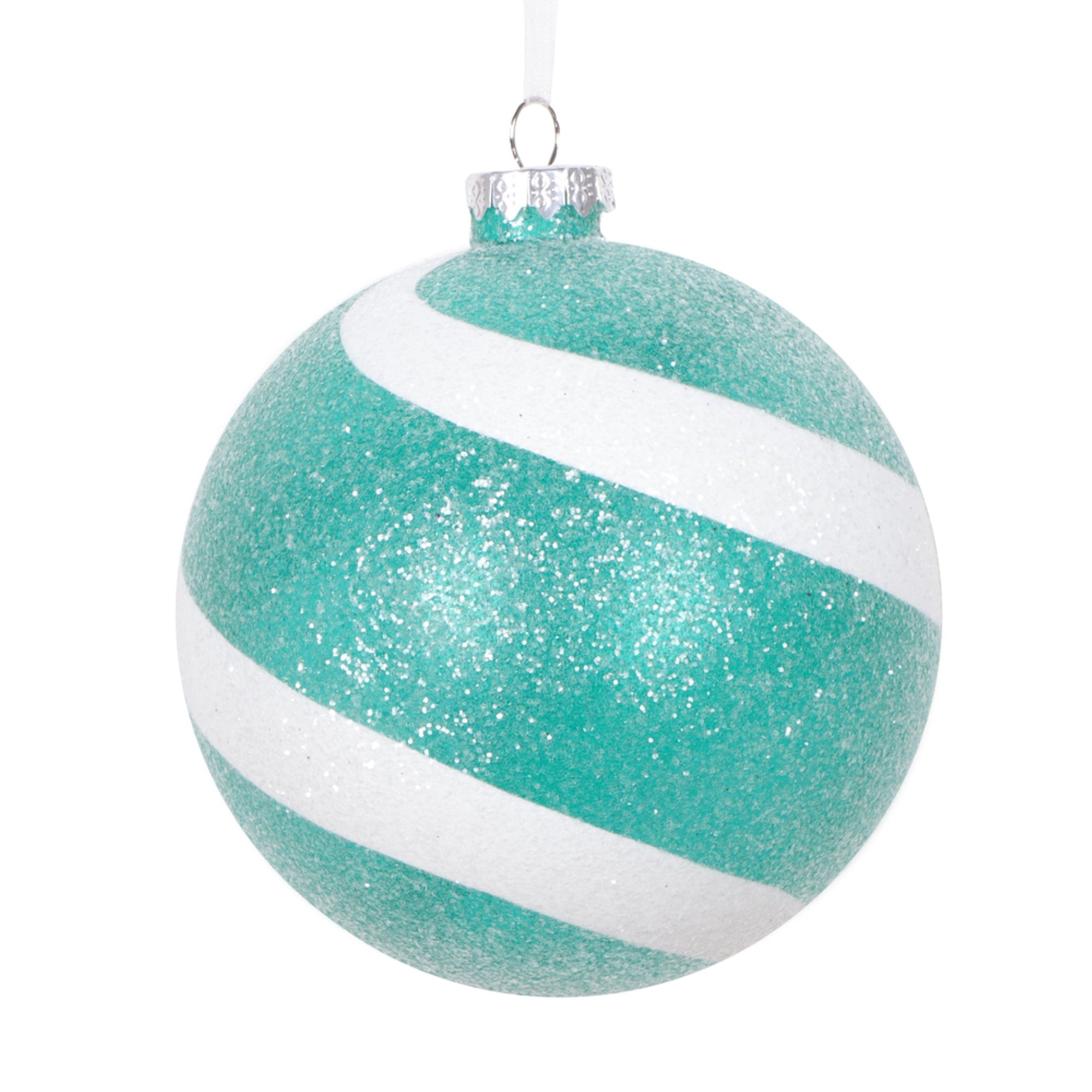 Vickerman 4.75” Teal and White Swirl Sugar Glitter Ball Ornament 3 per bag.