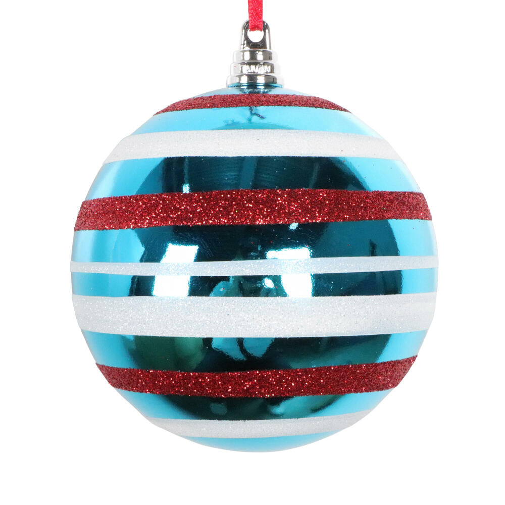 4” Turq Shiny Red/Wht Glit Ball Orn 3/Bg