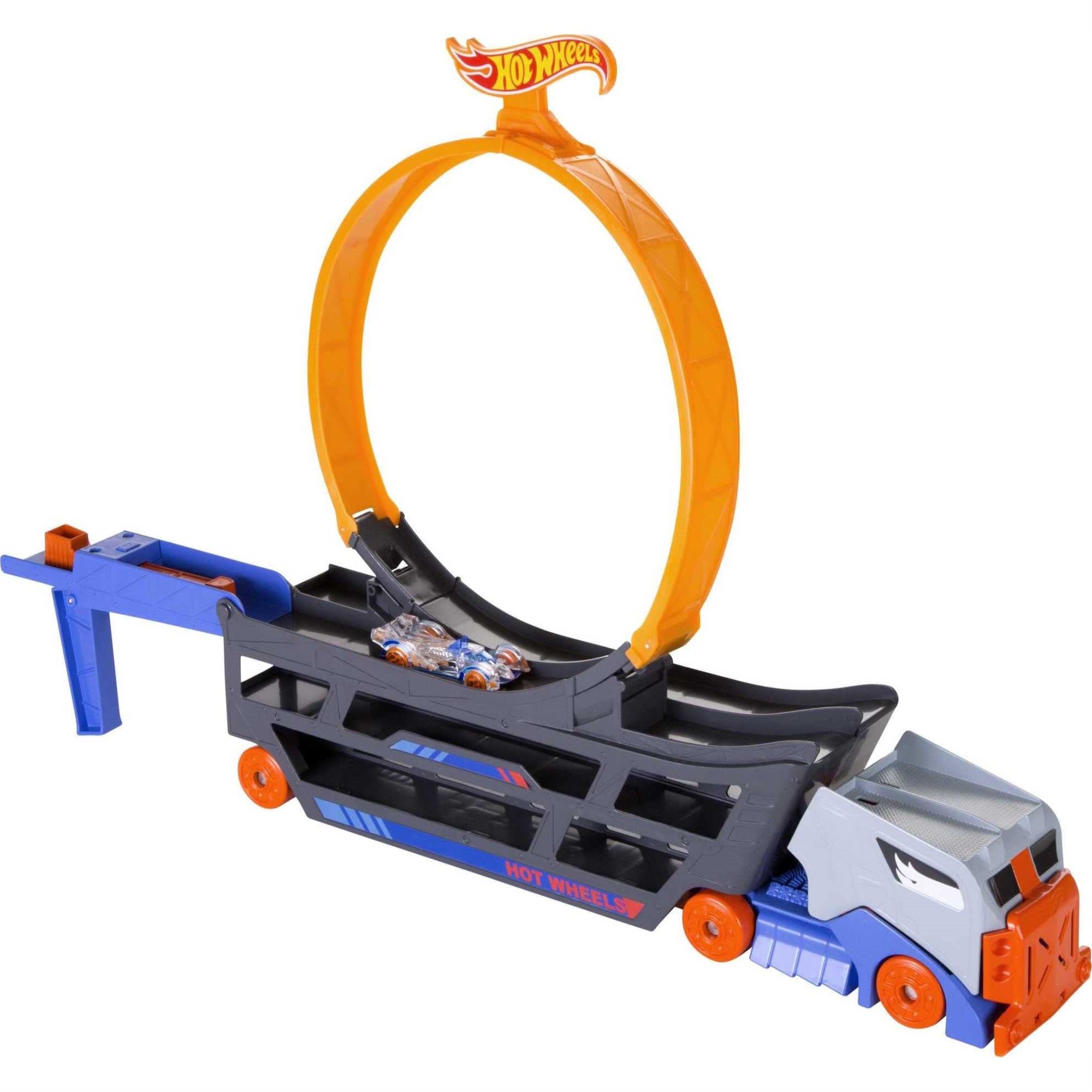 Hot Wheels Stunt & Go Track Set With 1 Toy Car, Transforming Hauler Truck With Launcher, Stores 18 1:64 Scale Cars