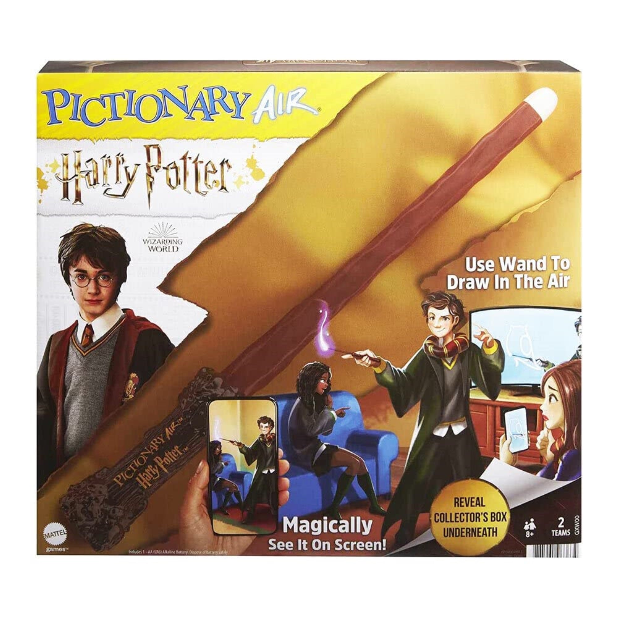 Mattel Games Pictionary Air Harry Potter Family Drawing Game, Wand Pen, 112 Double-Sided Clue Cards With Picture Bonus Clues, Trunk Card Holder, Collector Package. Gift For For 8 Year Olds & Up