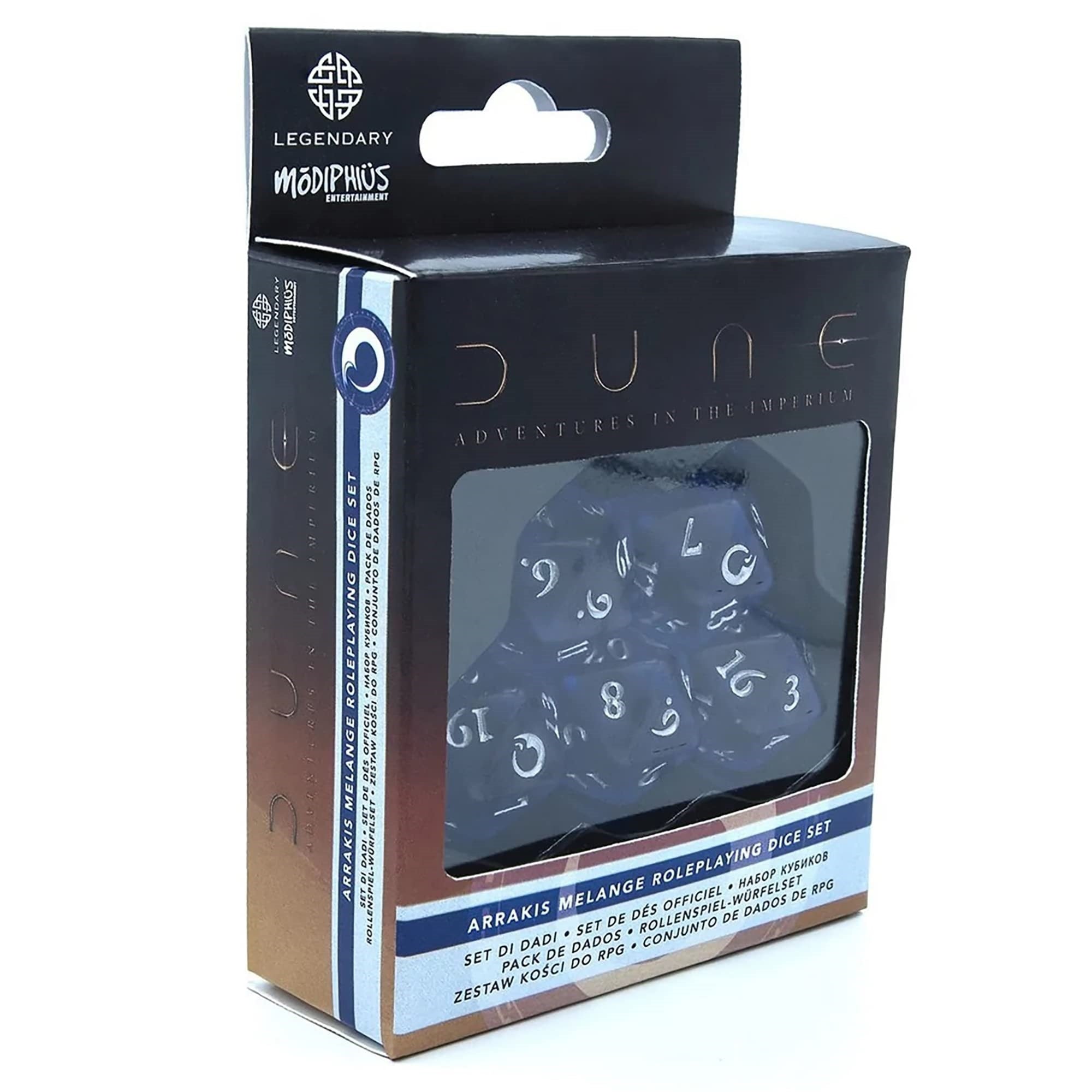 Dune Adventures In The Imperium: Arrakis Melange Dice Set - (5) Twenty Sided Rolplaying Dice Set - Translucent Blue With Silver