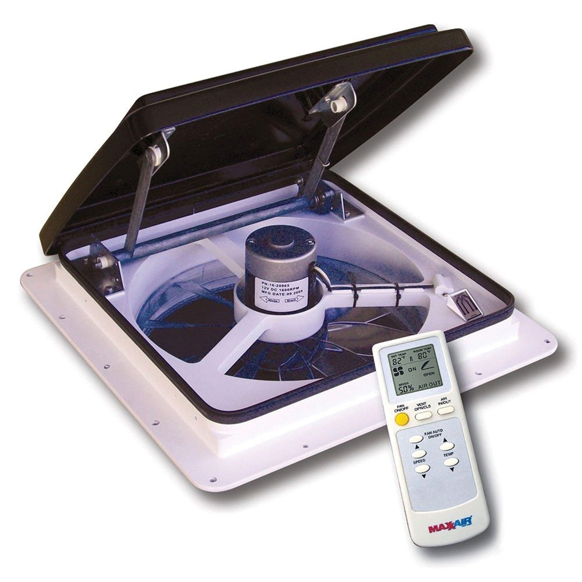 Maxxair Maxxfan Plus High Powered 10-Speed Rv Intake And Exhaust Fan - Manual Or Remote Control Electric Opening, Easy Ceiling Controls, Rain Sensor With Automatic Lid Closure, Smoke (00-04500K)