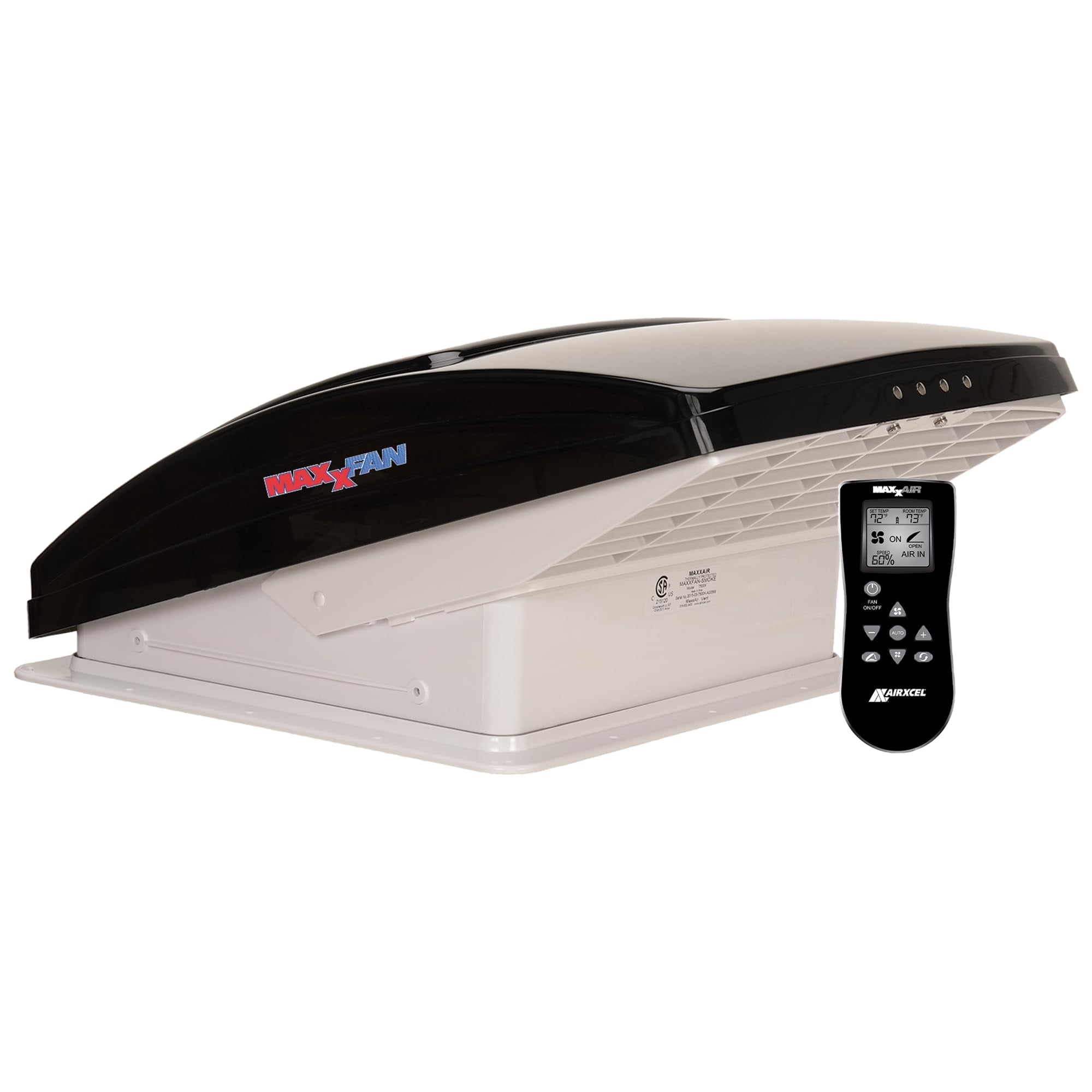 Maxxair Maxxfan Deluxe Vent, Fan And Vent Cover All In One - Powerful 10-Speed Reversible Fan With Thermostat, Built-In Rain Cover, Remote Control, Intake & Exhaust Fan, Smoke (00-07500K)