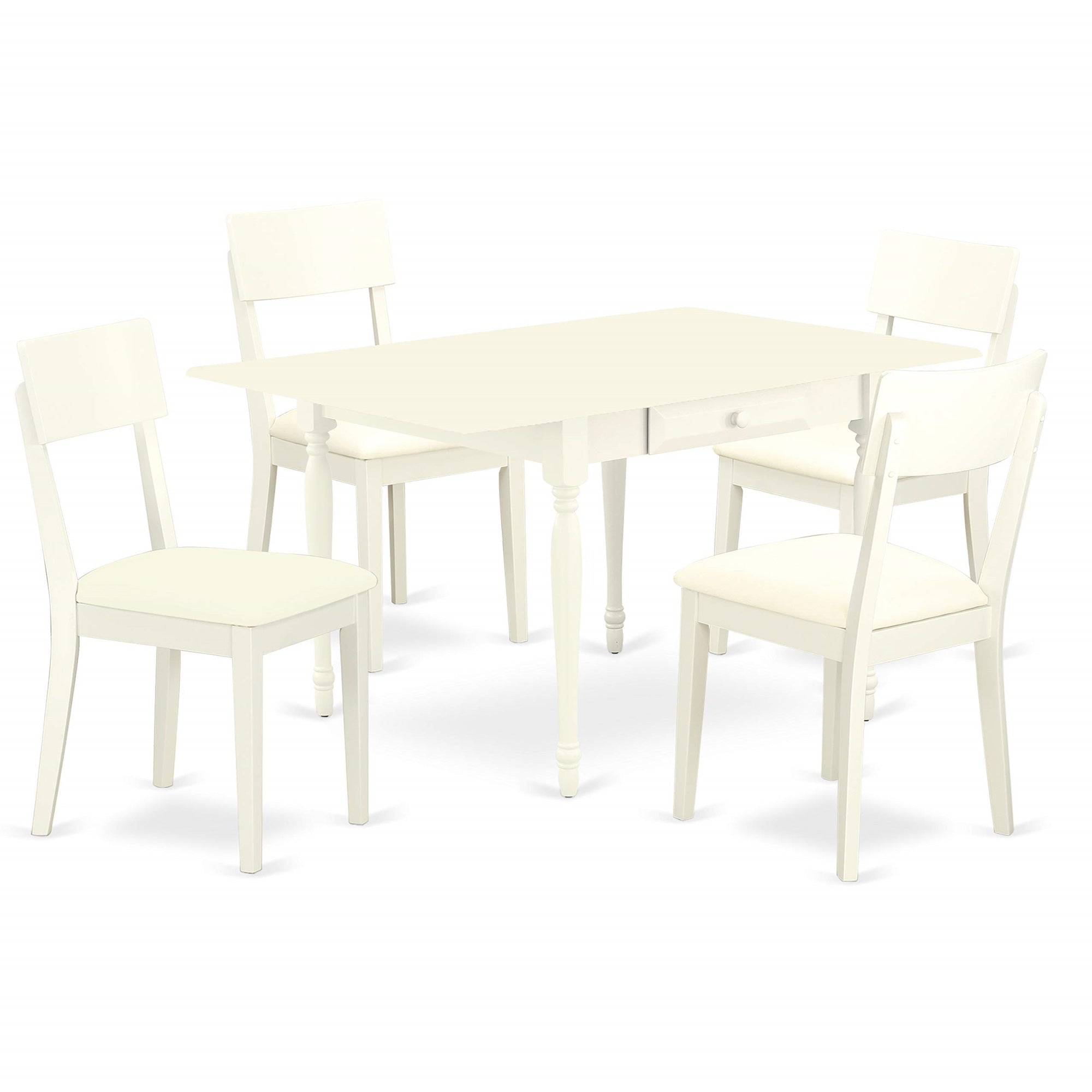 Ergode Mzad5-Lwh-Lc, 5-Piece Dining Table Set, Wood, Transitional Style, Linen White Finish, 2 Drop Down Leaves, 2 Drawers, Faux Leather Chairs, Versatile & Well-Constructed, 36X54 Inch