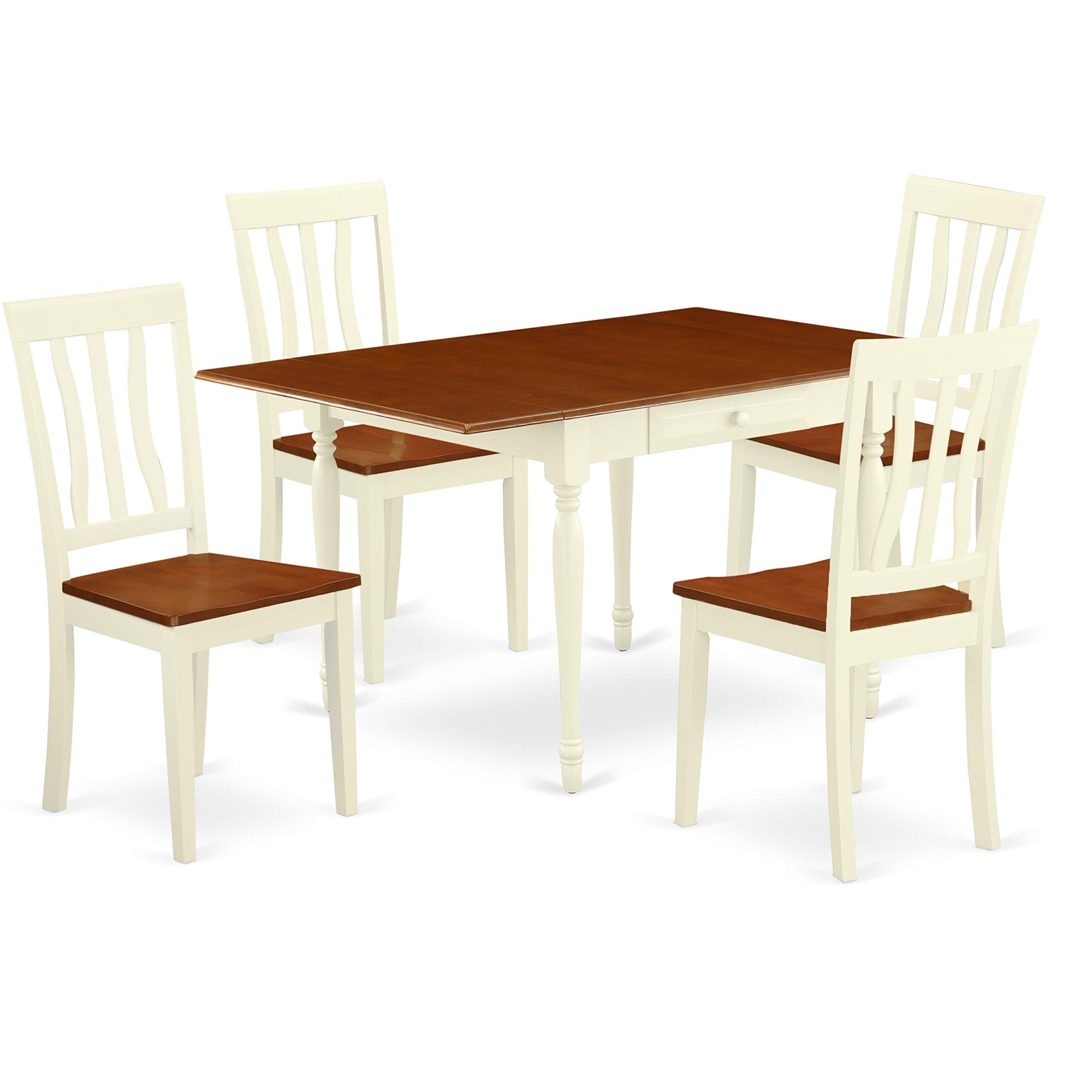 Ergode Mzan5-Whi-W, 5-Piece Dining Room Set, Wood Table & 4 Chairs, Buttermilk & Cherry Finish, Drop Leaves & Storage Drawers, Transitional Style, Sturdy Construction, Comfortable Design, Perfect For Enjoyable Dining Experiences