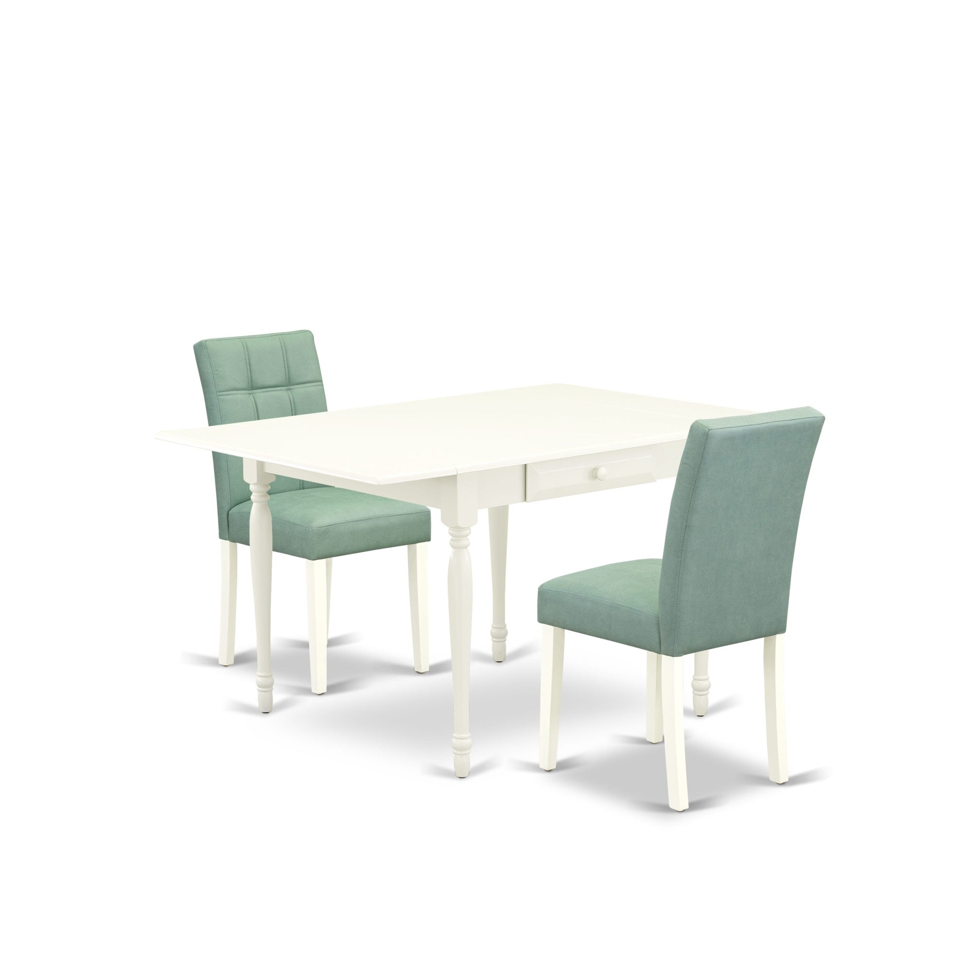 East West Furniture Mzas3-Lwh-43 3 Piece Table Set Includes A Wooden Kitchen Table And 2 Willow Green Faux Leather Padded Chairs, Linen White