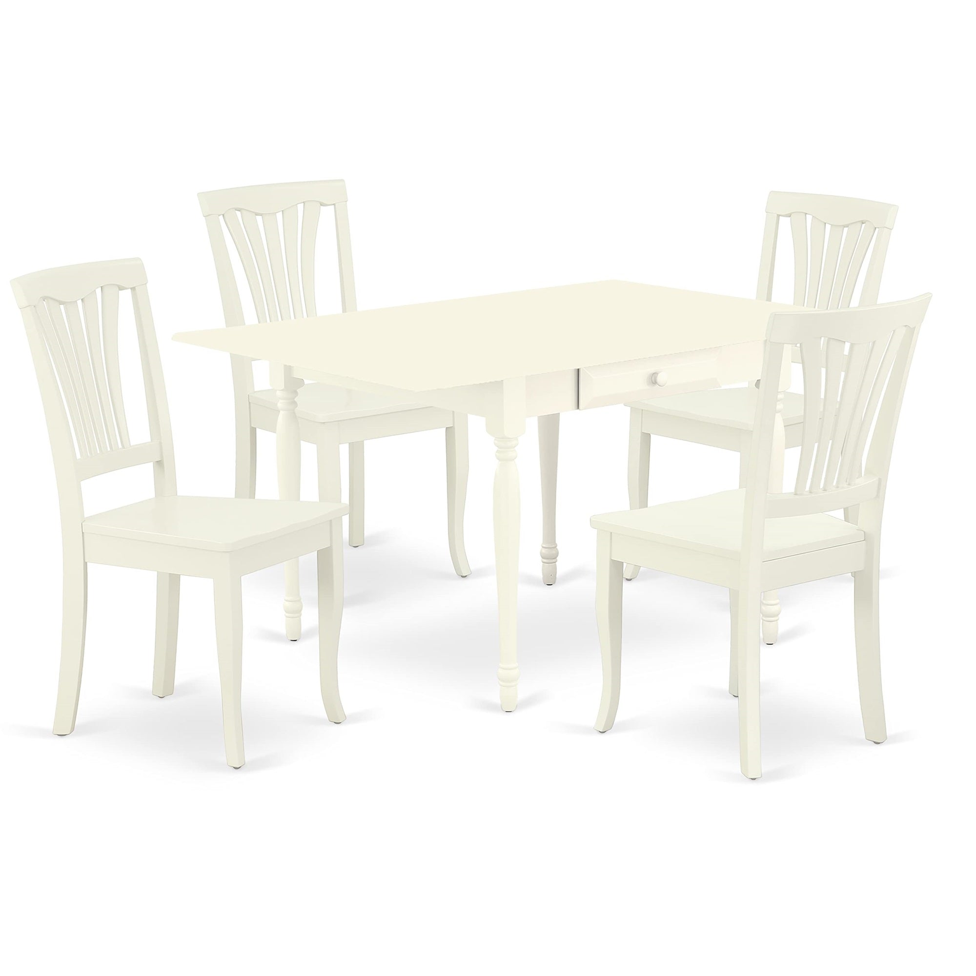 Ergode Mzav5-Lwh-W, 5-Piece Dining Room Set, Drop Leaf Table, 4 Chairs, Asian Hardwood, Linen White Finish, Storage Drawers, Comfortable Seats, Perfect For Family Meals
