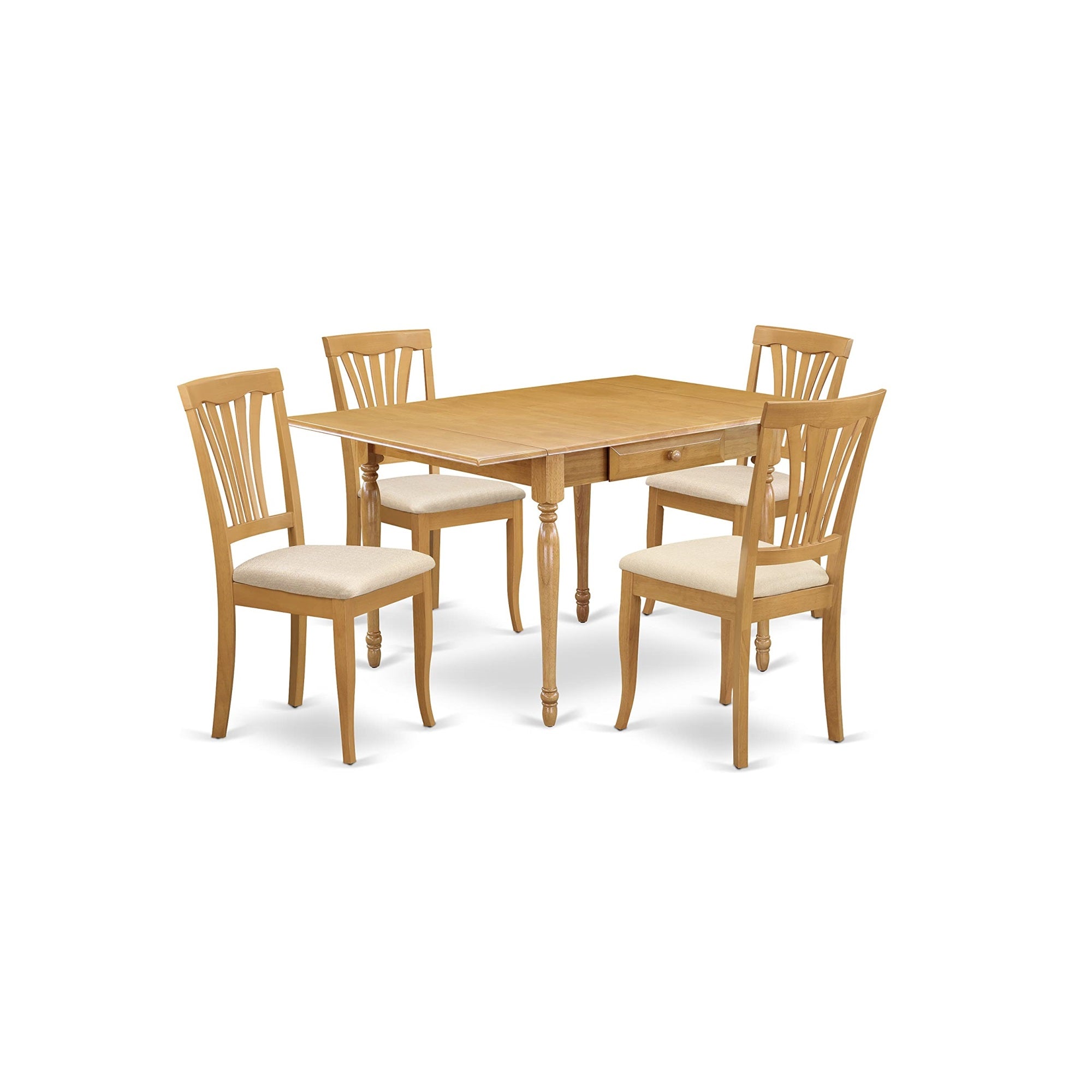 Ergode Mzav5-Oak-C, 5-Piece Dining Room Set, Oak Finish, Drop Leaf Table, 4 Linen Fabric Chairs, Asian Tropical Hardwood, Elegant & Functional