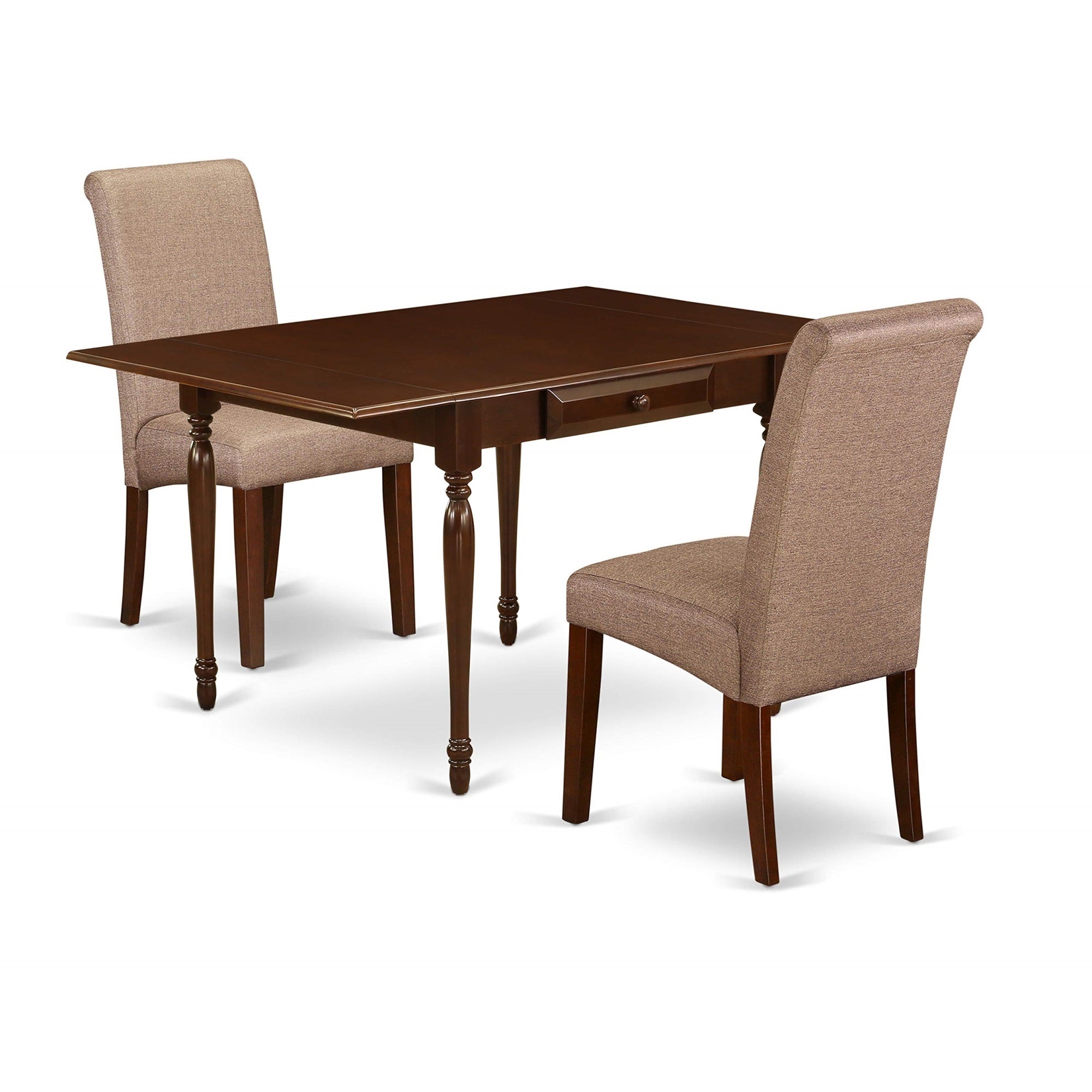 Casafoyer Mzba3-Mah-18 Monza 3 Piece Set Contains A Rectangle Dining Room Table With Dropleaf And 2 Brown Linen Fabric Upholstered Parson Chairs, 36X54 Inch, Mahogany