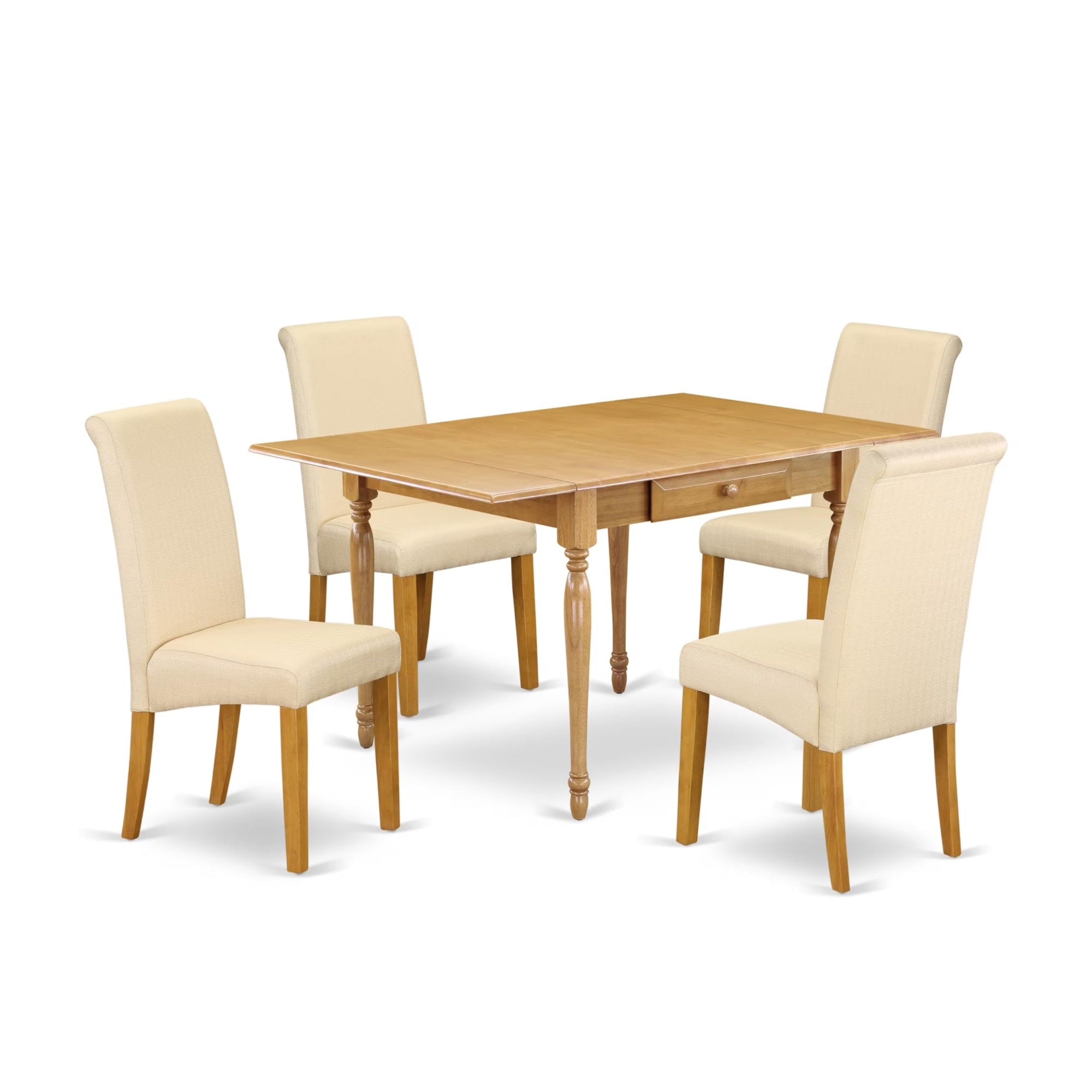 Casafoyer Mzba5-Oak-02 Monza 5 Piece Kitchen Set For 4 Includes A Rectangle Dining Room Table With Dropleaf And 4 Light Beige Linen Fabric Parsons Chairs, 36X54 Inch, Oak