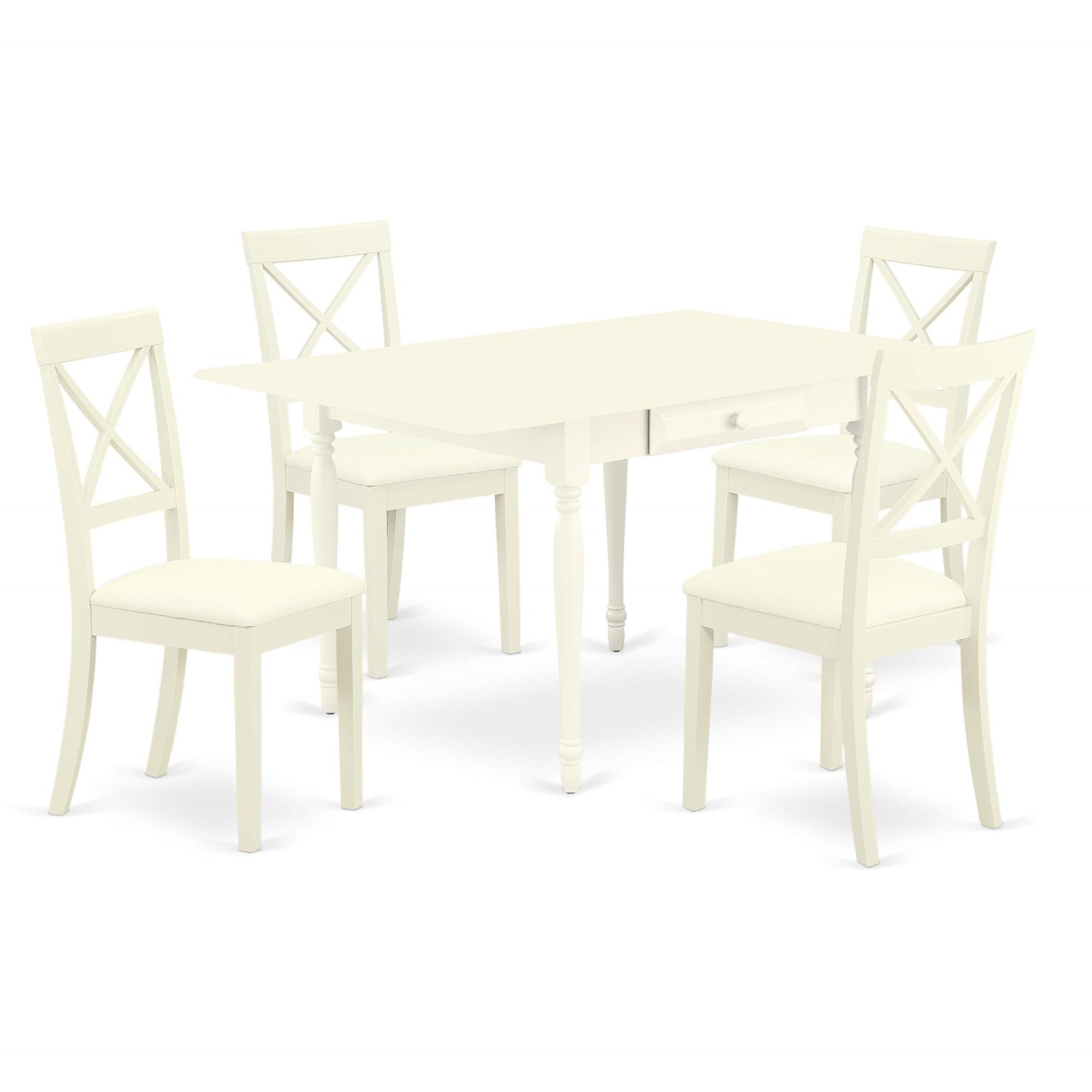 Ergode Mzbo5-Lwh-Lc, Dining Table Set, Rectangular Hardwood Table, Linen White Finish, 4 Faux Leather Chairs, Drop-Down Leaves, 2 Drawers, Comfortable & Stylish, Budget-Friendly, Durable