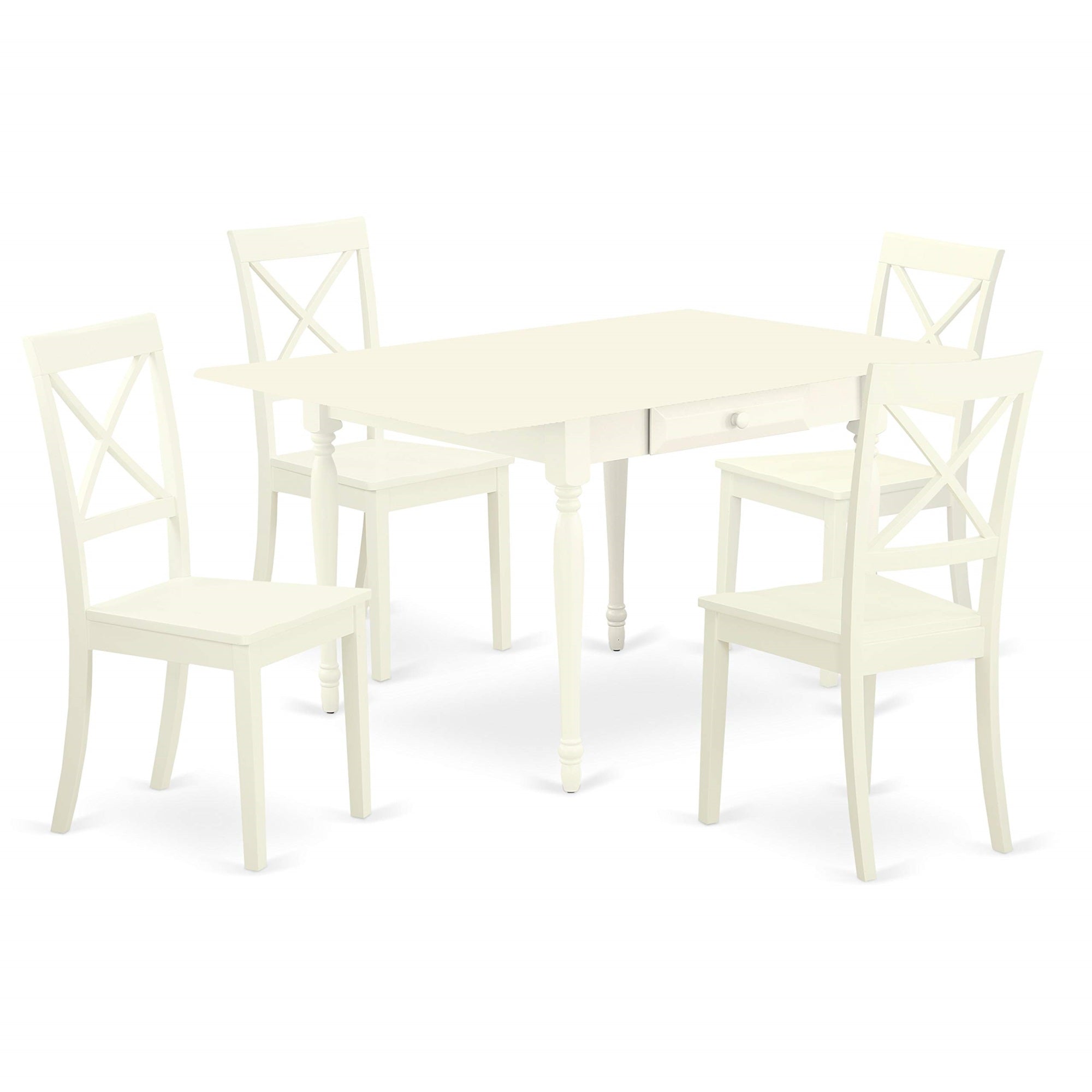 Ergode Mzbo5-Lwh-W, Monza 5 Piece Dining Table Set, Drop Leaf Table, 4 Wooden Chairs, Linen White Finish, Extra Space, Storage Drawers, X Back Chairs, Budget-Friendly, 36X54 Inch