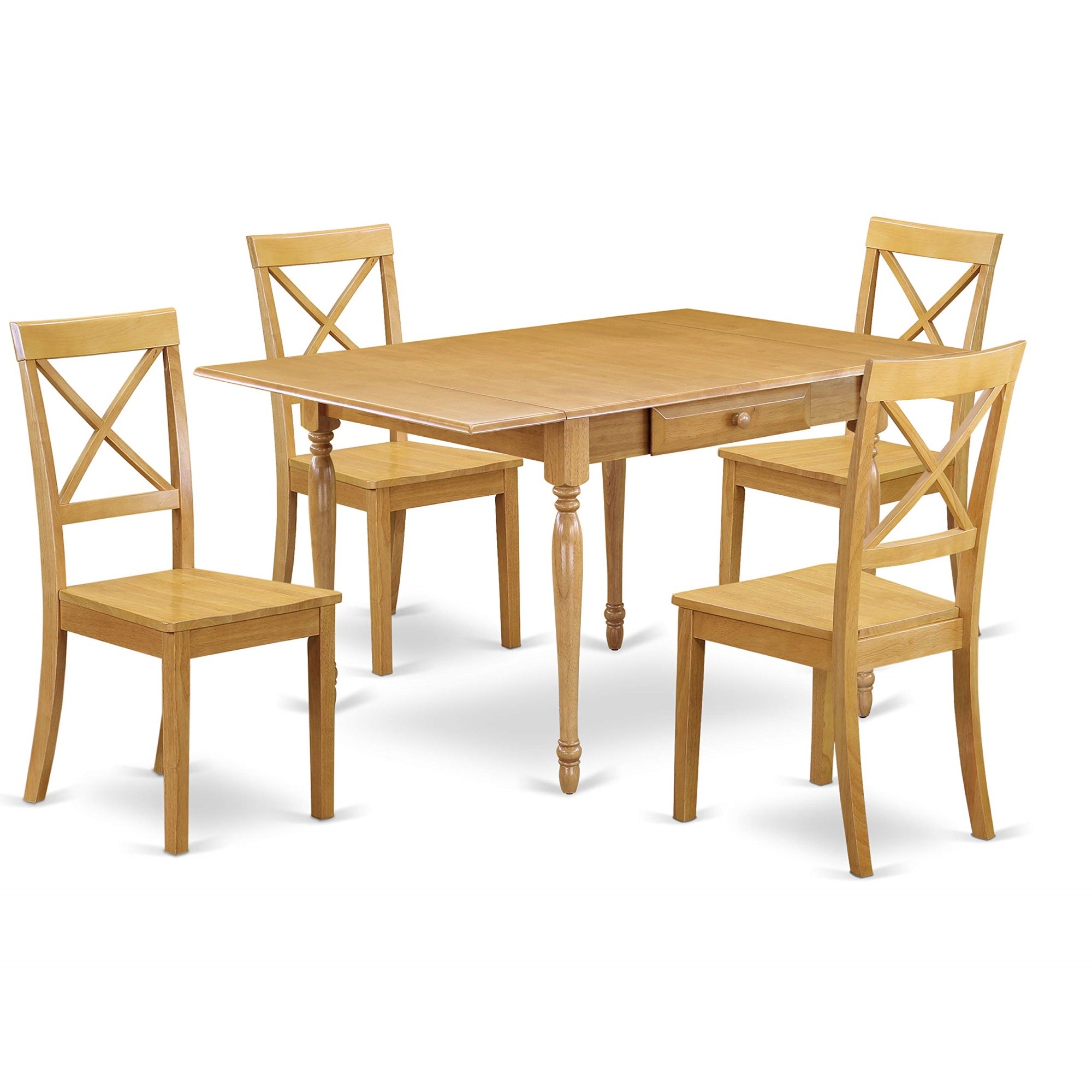 Ergode Mzbo5-Oak-W, Monza 5 Piece Dining Table Set, Oak Finish, Solid Wood, Drop Leaf, 4 Chairs, Trendy X Back Design, Budget-Friendly