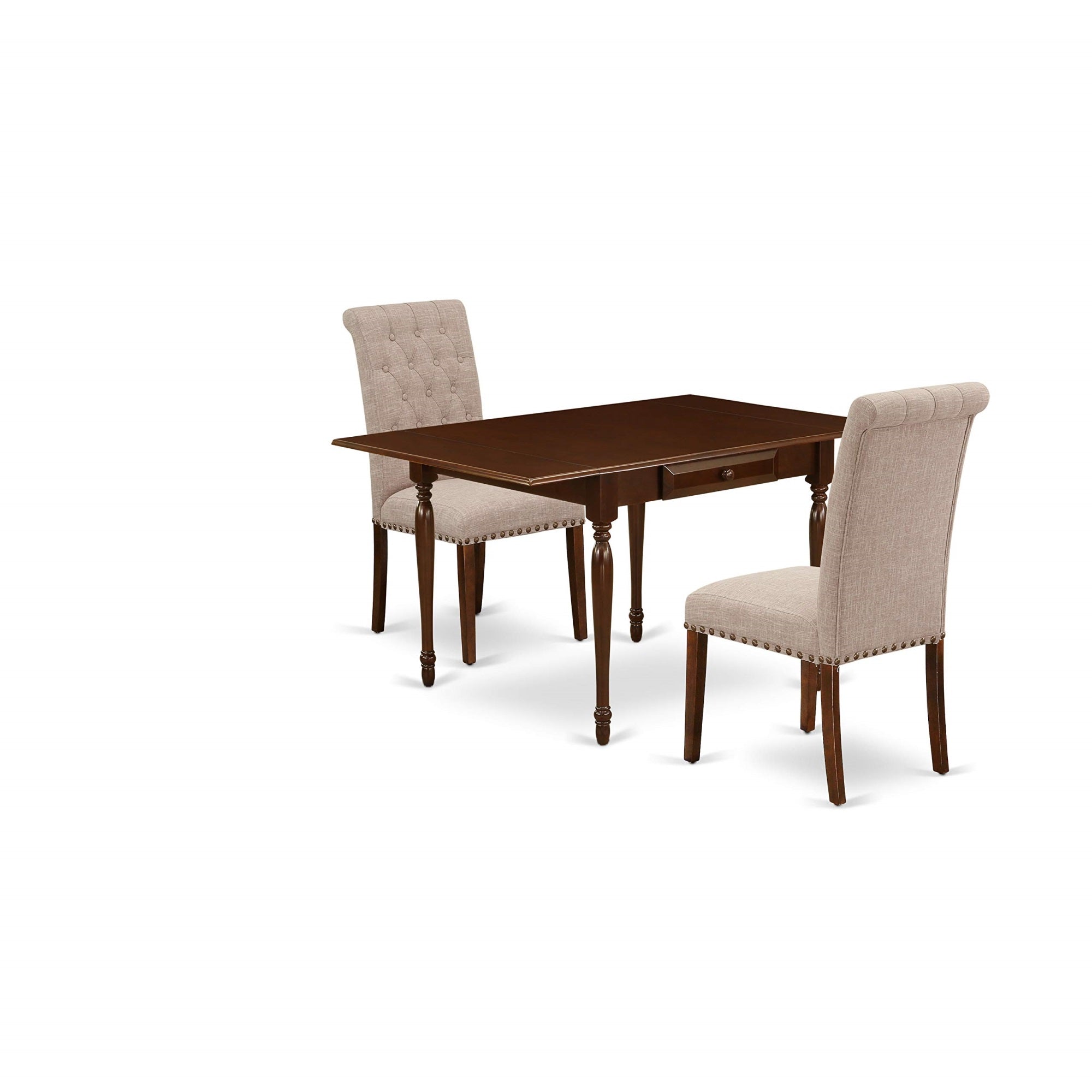 East West Furniture Mzbr3-Mah-04 Monza 3 Piece Dining Set For Small Spaces Contains A Rectangle Dinner Table With Dropleaf And 2 Light Tan Linen Fabric Parson Chairs, 36X54 Inch, Mahogany