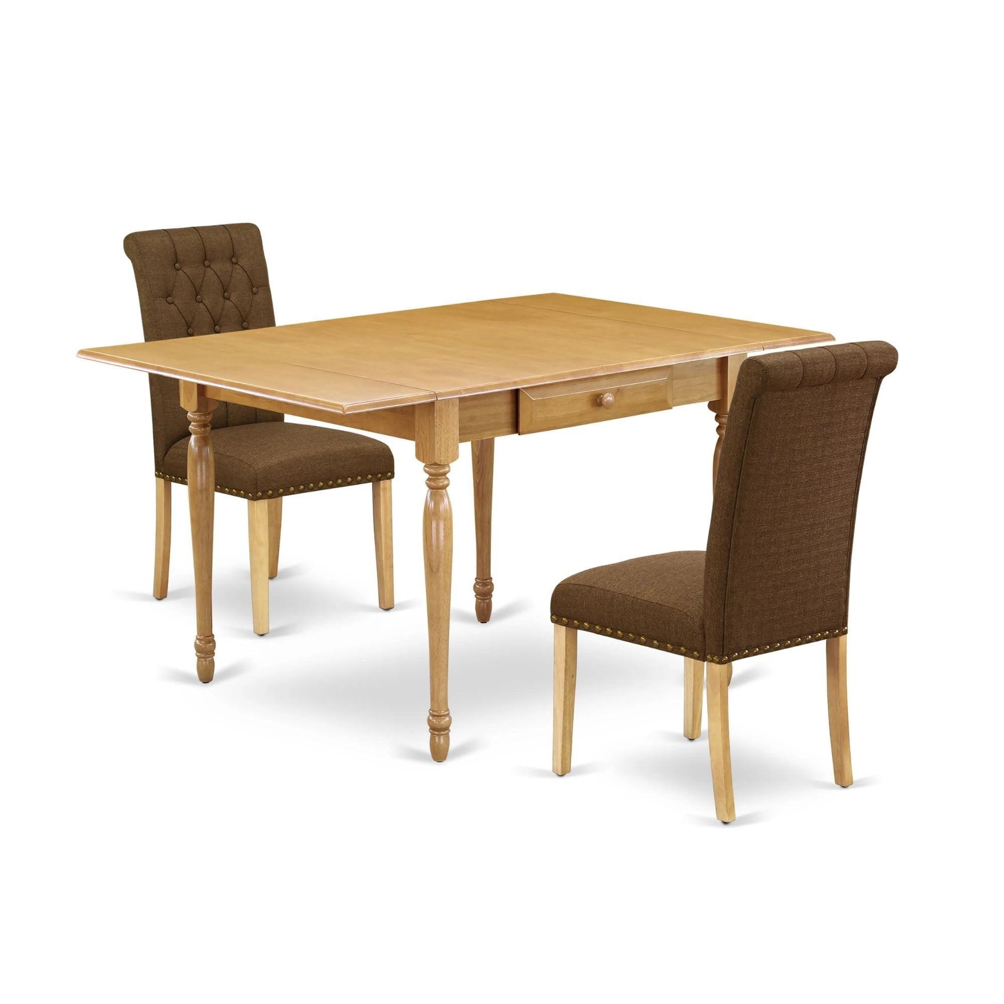 Casafoyer Mzbr3-Oak-18 Monza 3 Piece Set Contains A Rectangle Dining Room Table With Dropleaf And 2 Brown Linen Fabric Upholstered Chairs, 36X54 Inch, Oak
