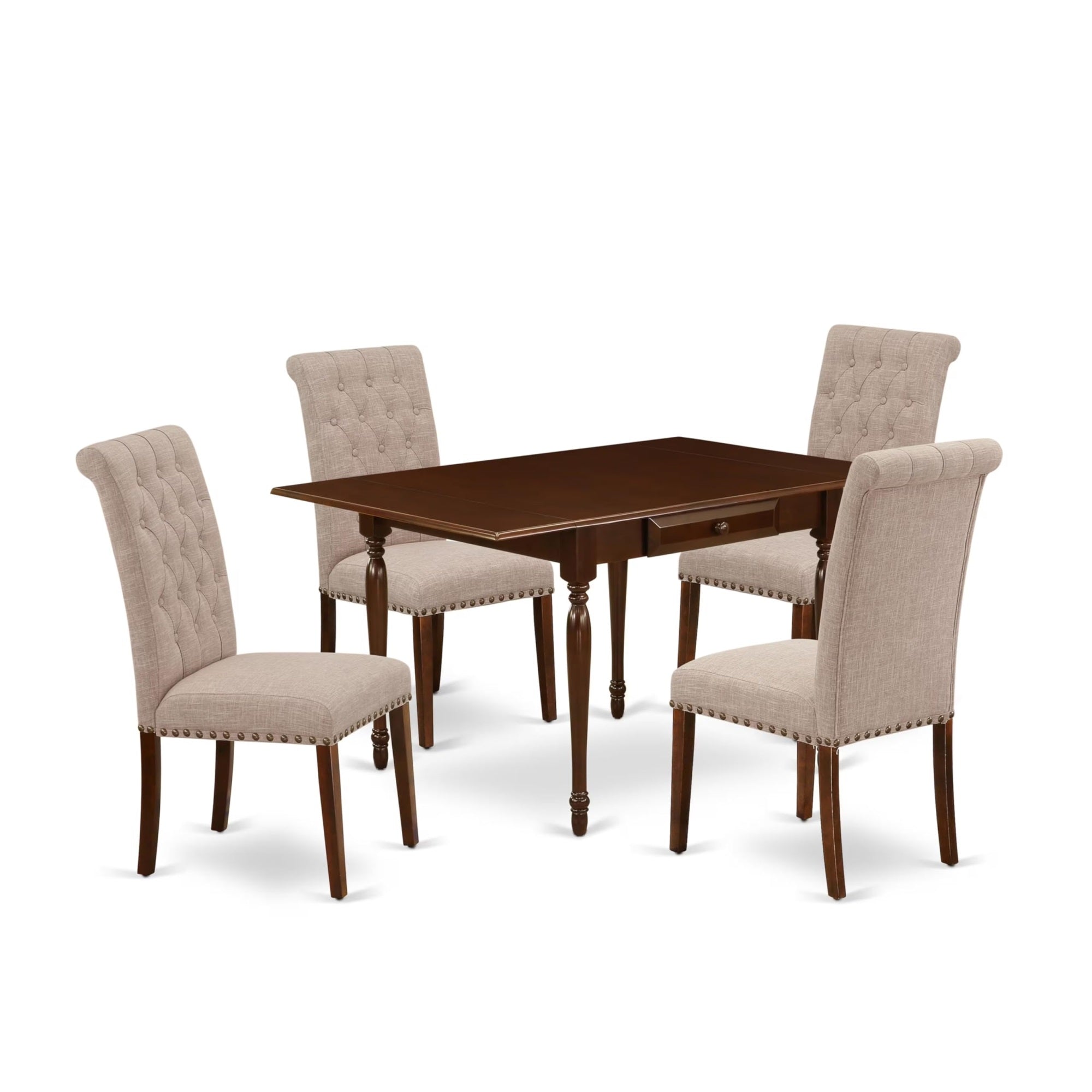Casafoyer Mzbr5-Mah-04 Monza 5 Piece Room Furniture Set Includes A Rectangle Dining Table With Dropleaf And 4 Light Tan Linen Fabric Upholstered Chairs, 36X54 Inch, Mahogany