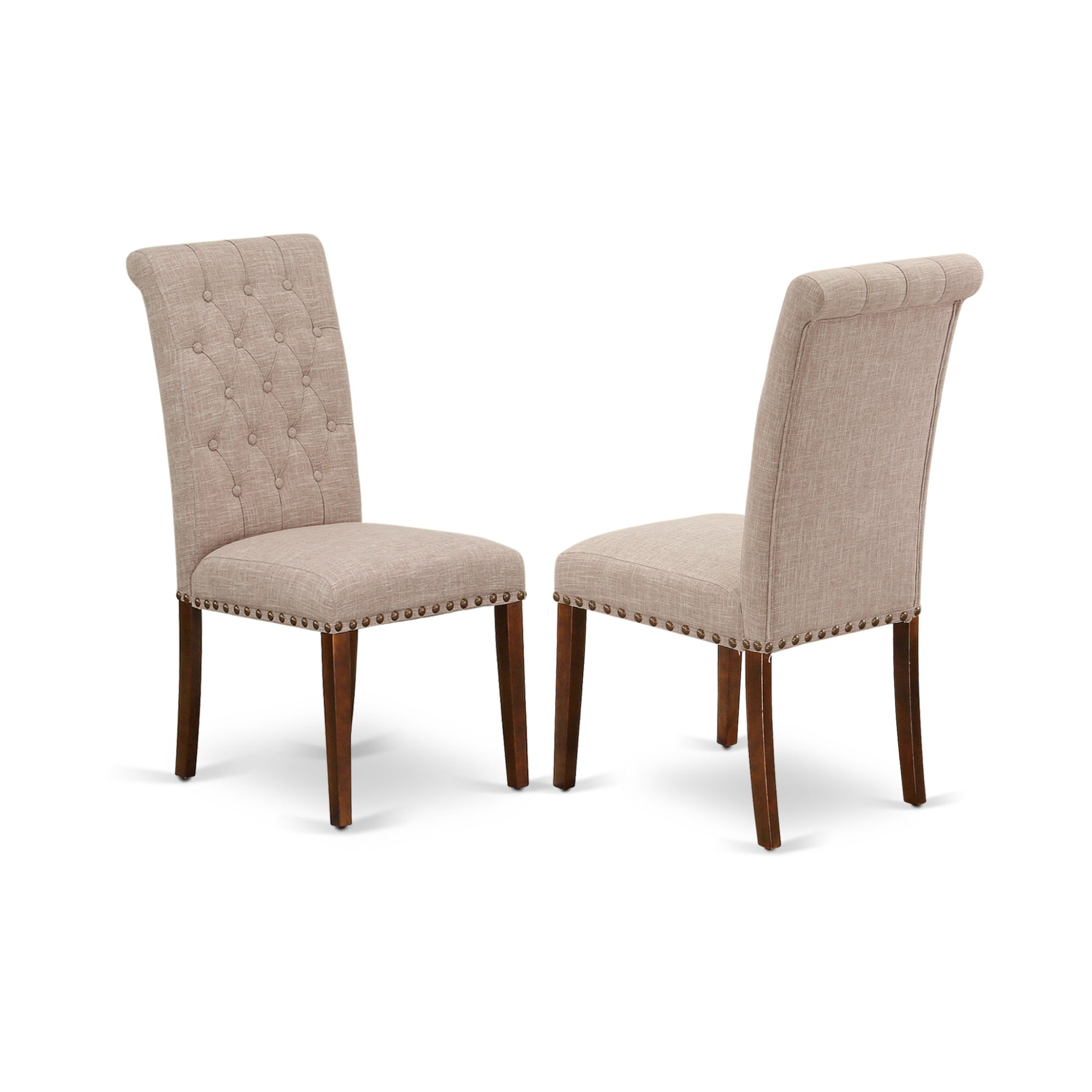 East West Furniture Mzbr5-Mah-04 5Pc Kitchen Table Set Contains A Modern Dining Table And 4 Parson Dining Chairs With Light Fawn Color Linen Fabric, Drop Leaf Table With Full Back Chairs, Mahogany Finish