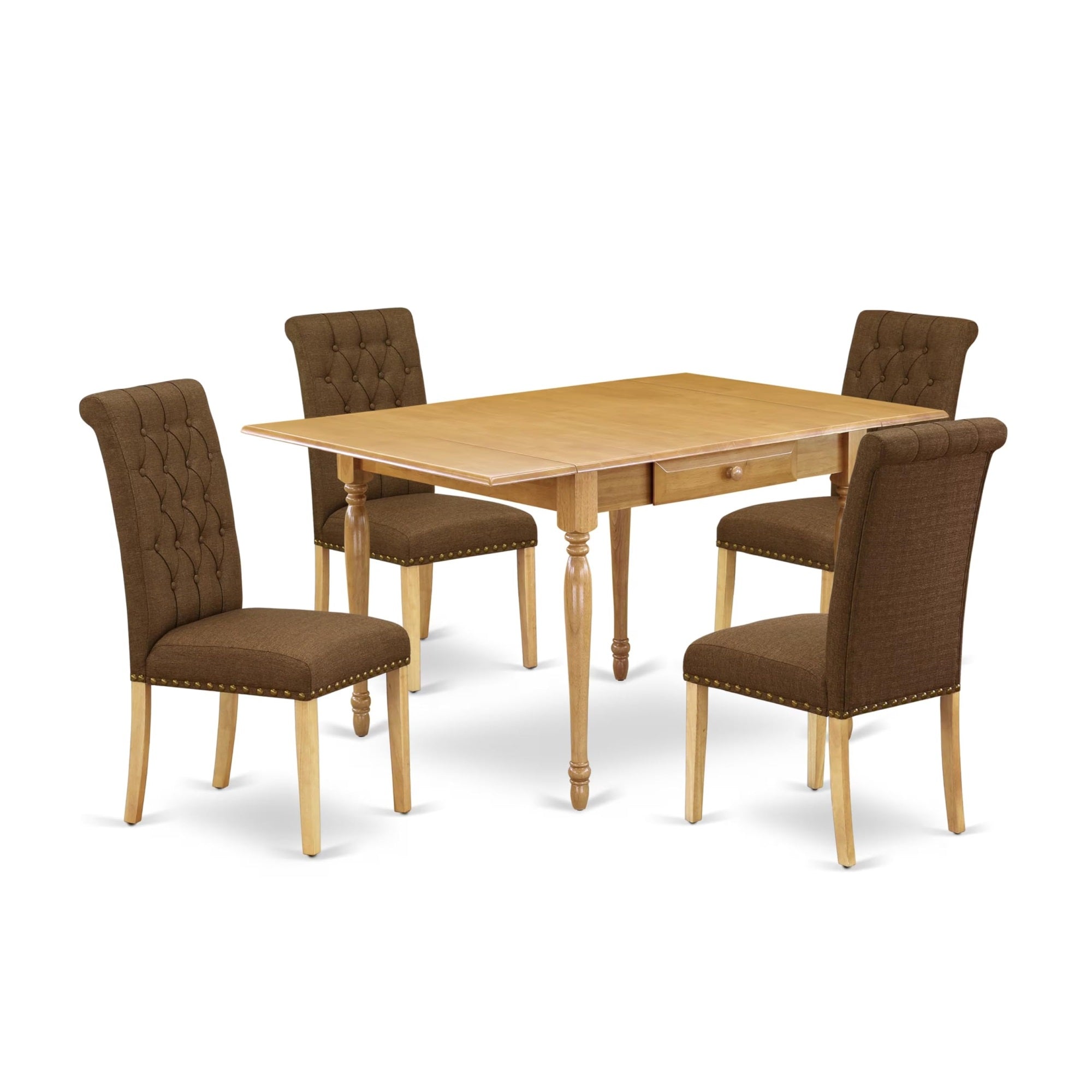 Casafoyer Mzbr5-Oak-18 Monza 5 Piece Set For 4 Includes A Rectangle Kitchen Table With Dropleaf And 4 Brown Linen Fabric Parson Dining Chairs, 36X54 Inch, Oak