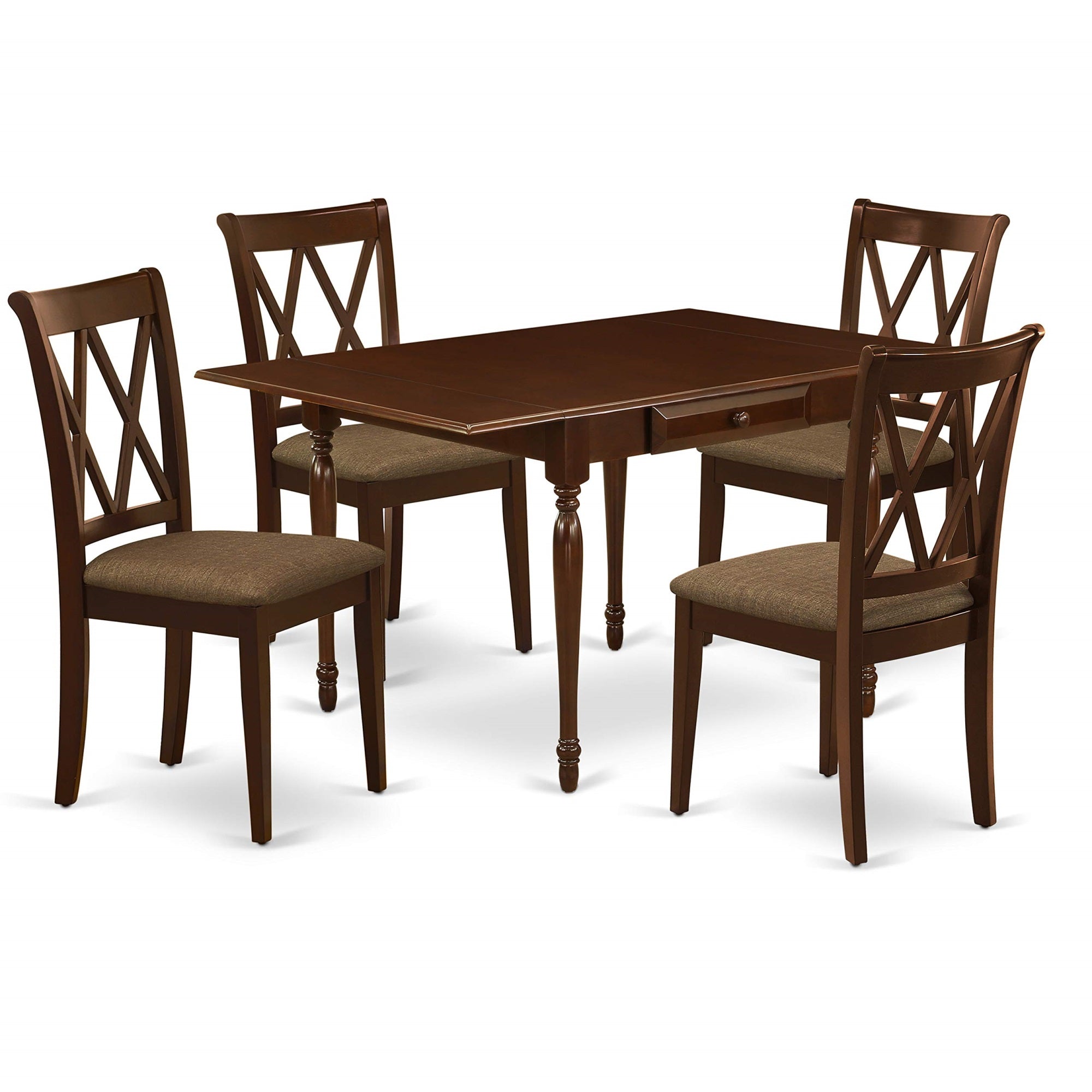 Ergode Mzcl5-Mah-C, 5-Piece Dining Room Set, Rectangular Table With Dropleaf, 4 Linen Fabric Chairs, Mahogany Finish, Asian Tropical Hardwood