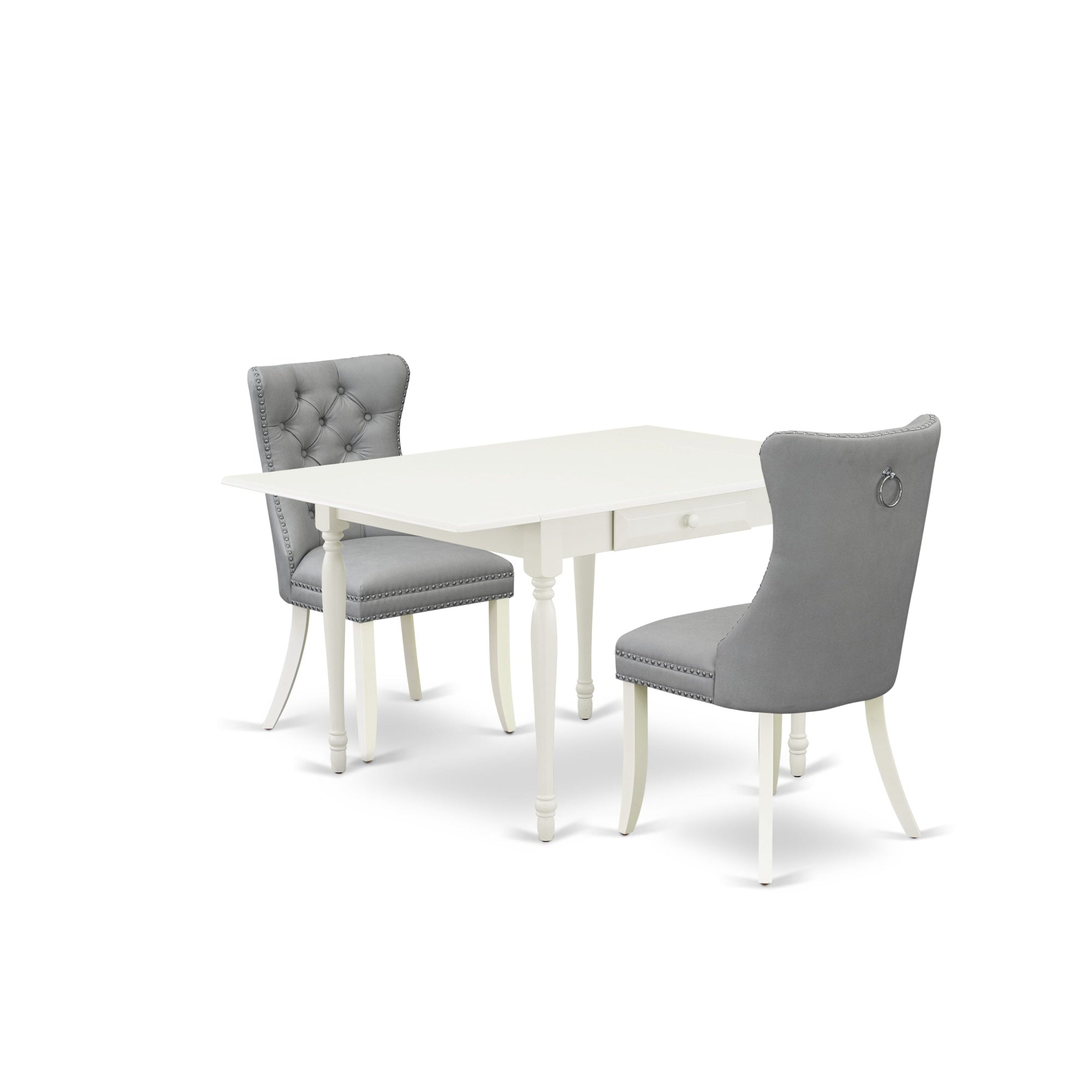 East West Furniture Mzda3-Lwh-27 3 Piece Dining Table Set Includes A Rectangle Kitchen Table With Dropleaf And 2 Upholstered Chairs, 36X54 Inch, Linen White
