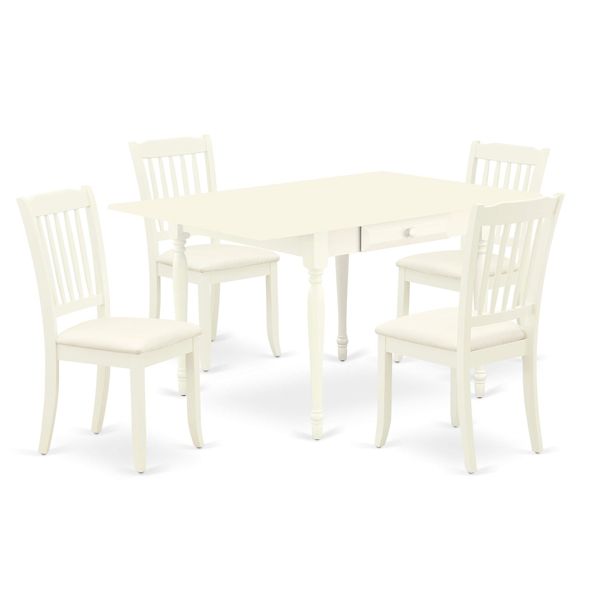 Ergode Mzda5-Lwh-C, 5-Piece Dining Room Table Set, Rectangle Kitchen Table With Dropleaf, 4 Linen Fabric Upholstered Chairs, Asian Tropical Hardwood, Linen White Finish, Cushioned Seats, Elegant And Durable, Perfect For Family And Friends, 36X54 Inch
