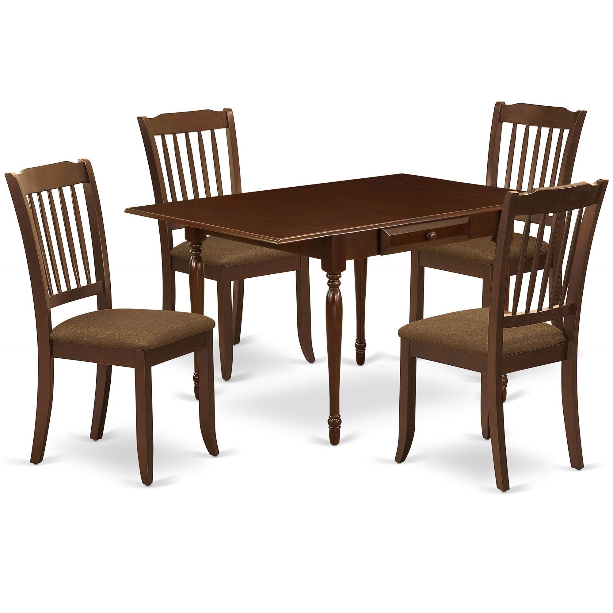 Ergode Mzda5-Mah-C, 5-Piece Dining Room Table Set, Mahogany Finish, Asian Tropical Hardwood, 2 Drop-Down Leaves, 2 Drawers, 4 Linen Fabric Chairs