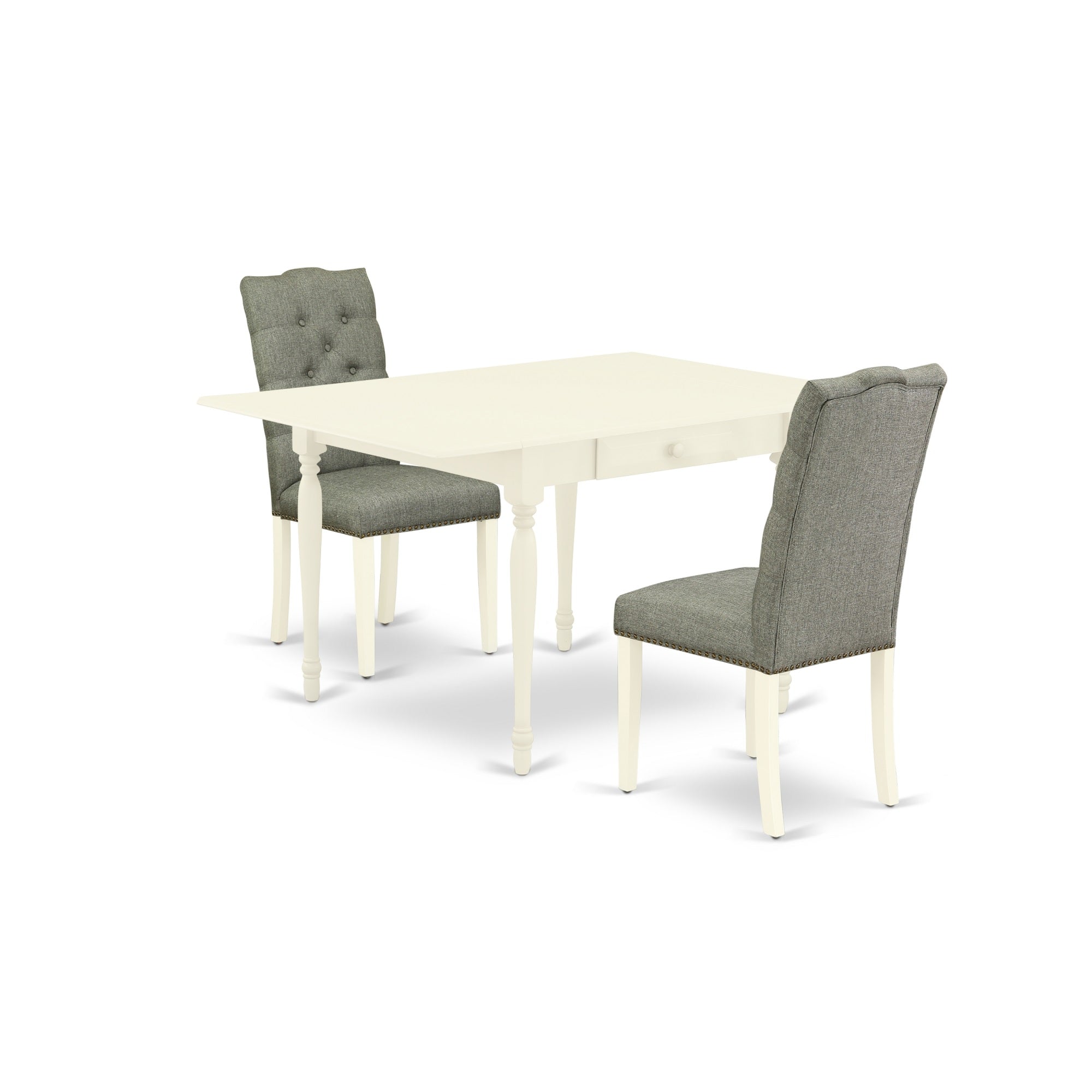 East West Furniture Mzel3-Lwh-07 3-Pc Dining Set Included A Rectangular Drop Leaves Leaf Dinette Table & 2 Parsons Kitchen Chairs, Smoke Linen Fabric Dining Chairs Seat With Rubber Wood Legs, Linen White Finish