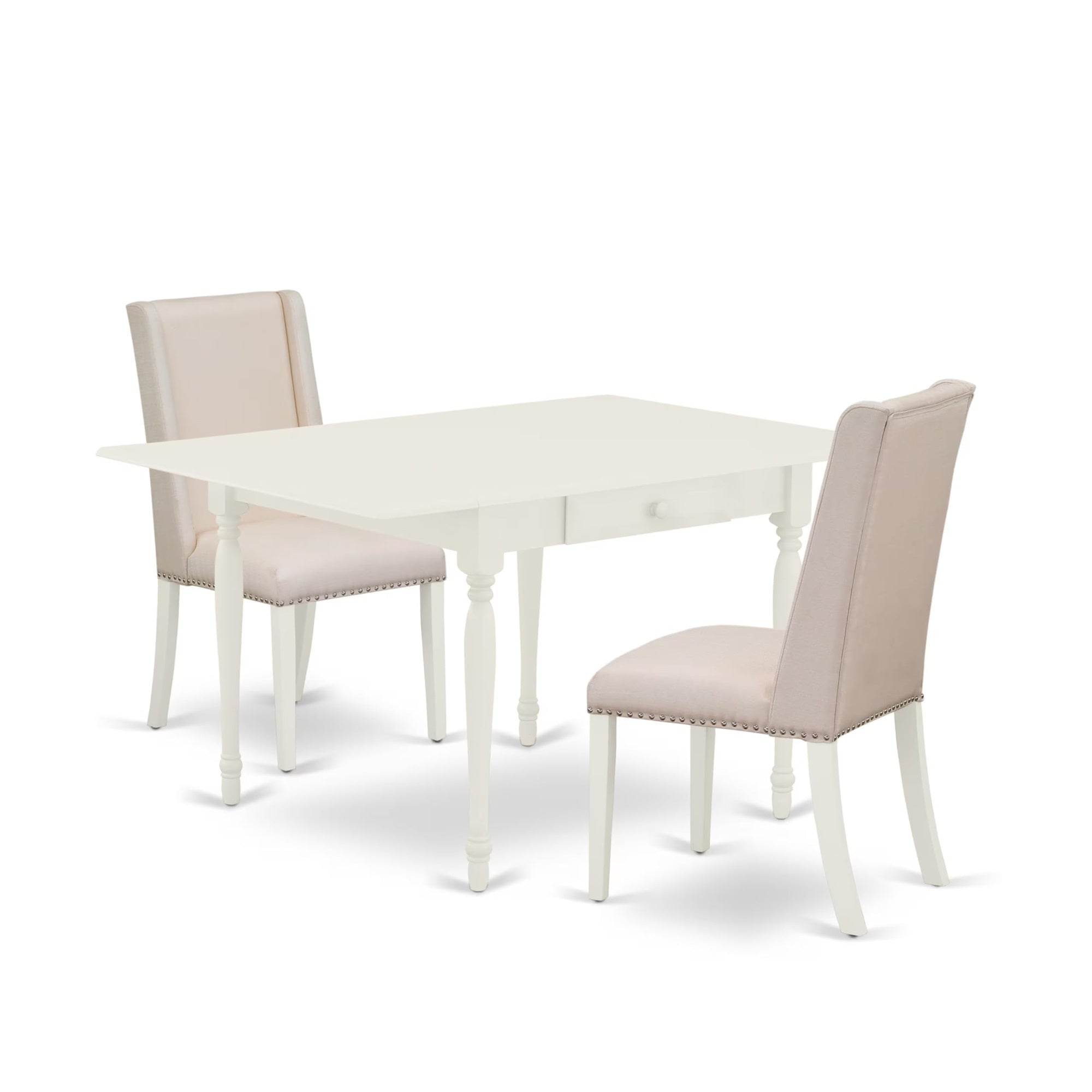 Casafoyer Mzfl3-Lwh-01 Monza 3 Piece Set Contains A Rectangle Dining Room Table With Dropleaf And 2 Cream Fabric Upholstered Chairs, 36X54 Inch, Linen White
