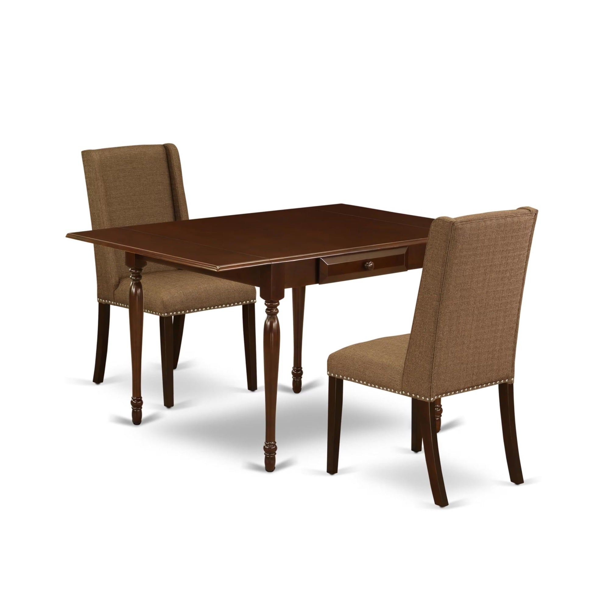 Casafoyer Mzfl3-Mah-18 Monza 3 Piece Modern Set Contains A Rectangle Wooden Table With Dropleaf And 2 Brown Linen Fabric Parson Dining Chairs, 36X54 Inch, Mahogany