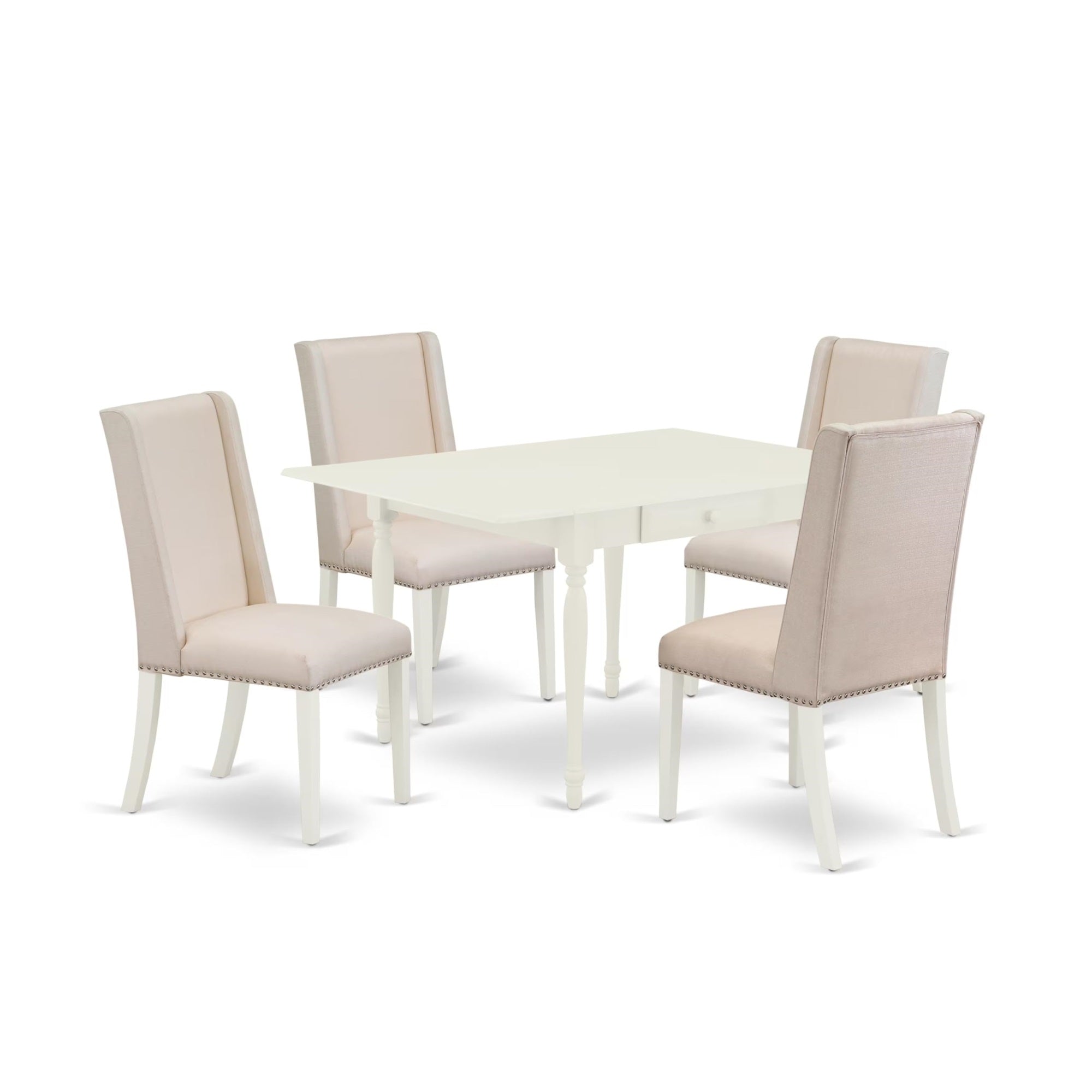 Casafoyer Mzfl5-Lwh-01 5 Piece Kitchen Table Set For 4 Includes A Rectangle Dining Table With Dropleaf And 4 Cream Linen Fabric Parson Dining Chairs, 36X54 Inch, Linen White