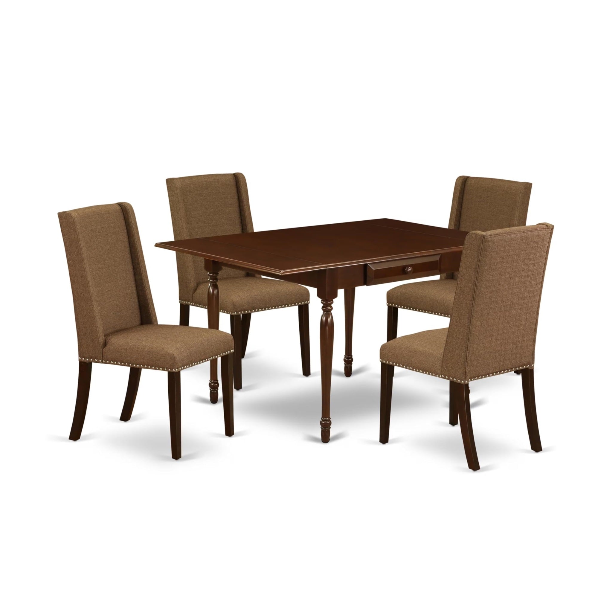 Casafoyer Monza 5 Piece Modern Dining Set Includes A Rectangle Wooden Table With Dropleaf And 4 Brown Linen Fabric Upholstered Chairs, 36X54 Inch, Mahogany