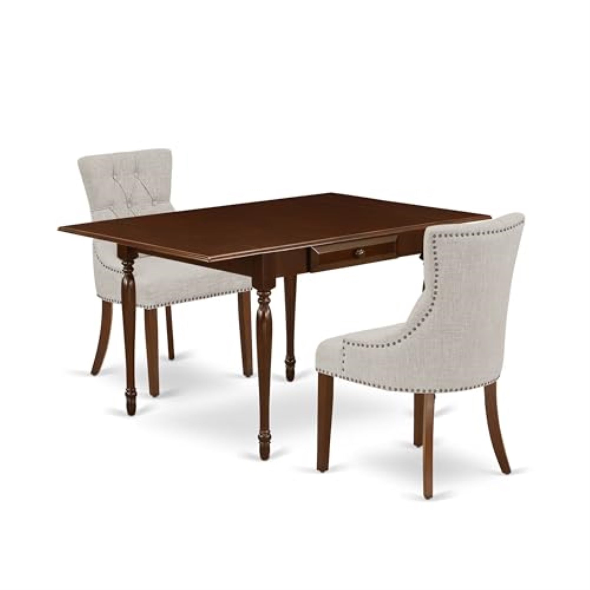 Casafoyer Mzfr3-Mah-05 Monza 3 Piece Kitchen Set Contains A Rectangle Dining Room Table With Dropleaf And 2 Doeskin Linen Fabric Parson Chairs, 36X54 Inch, Mahogany