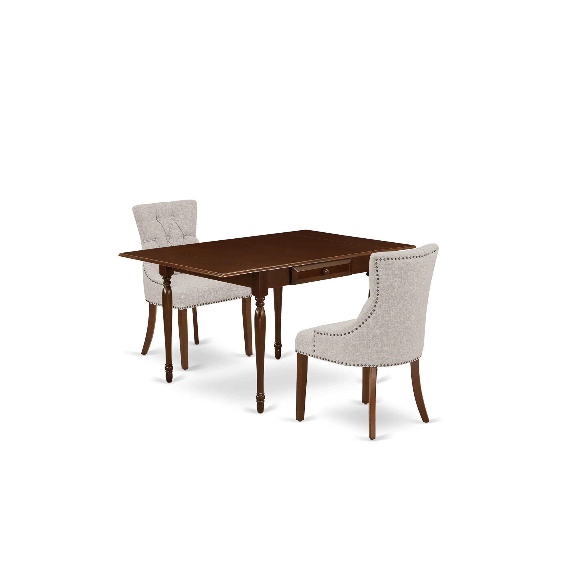 East West Furniture Mzfr3-Mah-05 Monza 3 Piece Kitchen Set Contains A Rectangle Dining Room Table With Dropleaf And 2 Doeskin Linen Fabric Parson Chairs, 36X54 Inch, Mahogany