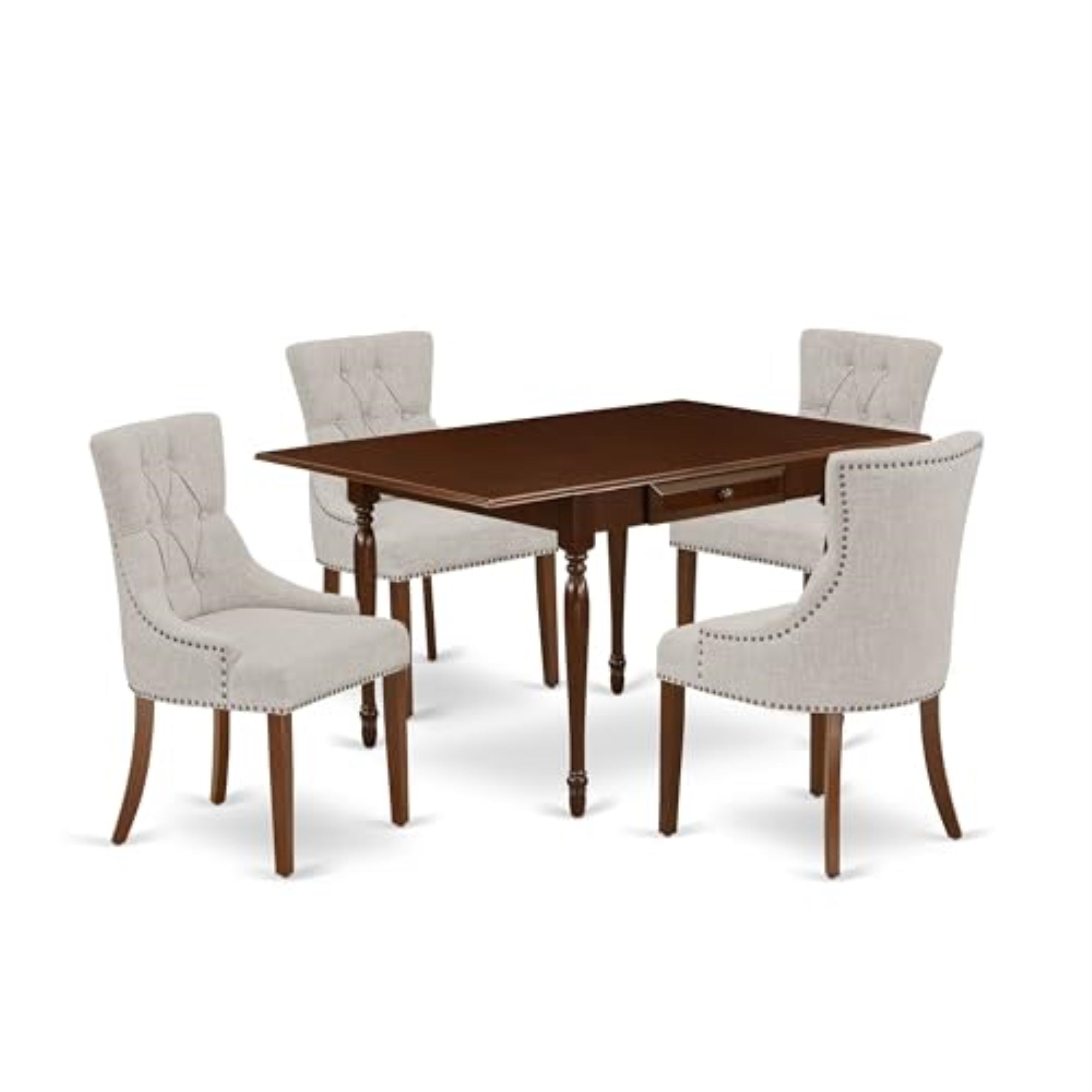 Casafoyer Mzfr5-Mah-05 Monza 5 Piece Modern Set Includes A Rectangle Wooden Table With Dropleaf And 4 Doeskin Linen Fabric Parson Dining Chairs, 36X54 Inch