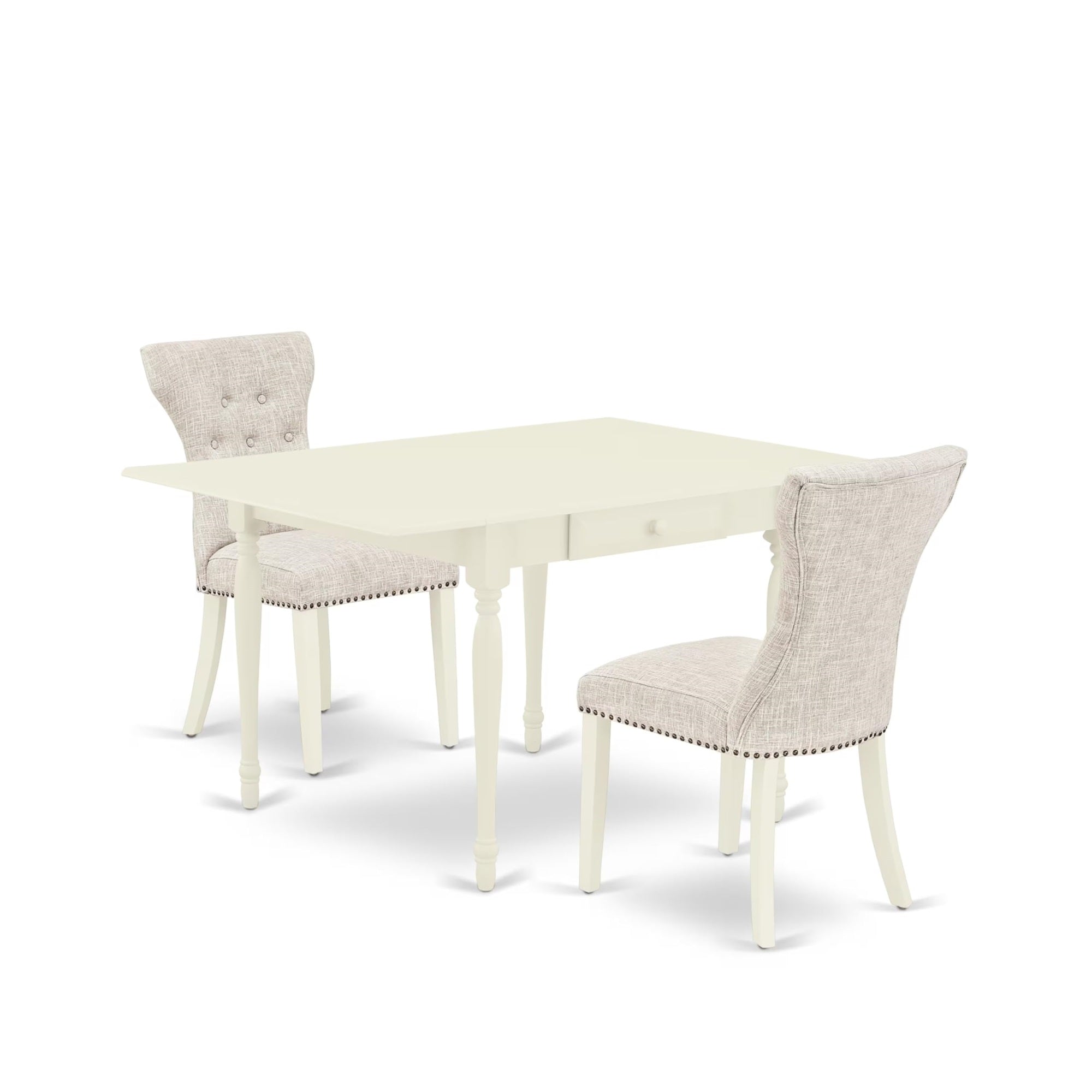 Casafoyer Monza 3 Piece Room Furniture Set Contains A Rectangle Dining Table With Dropleaf And 2 Doeskin Fabric Parsons Chairs, 36X54 Inch, Linen White