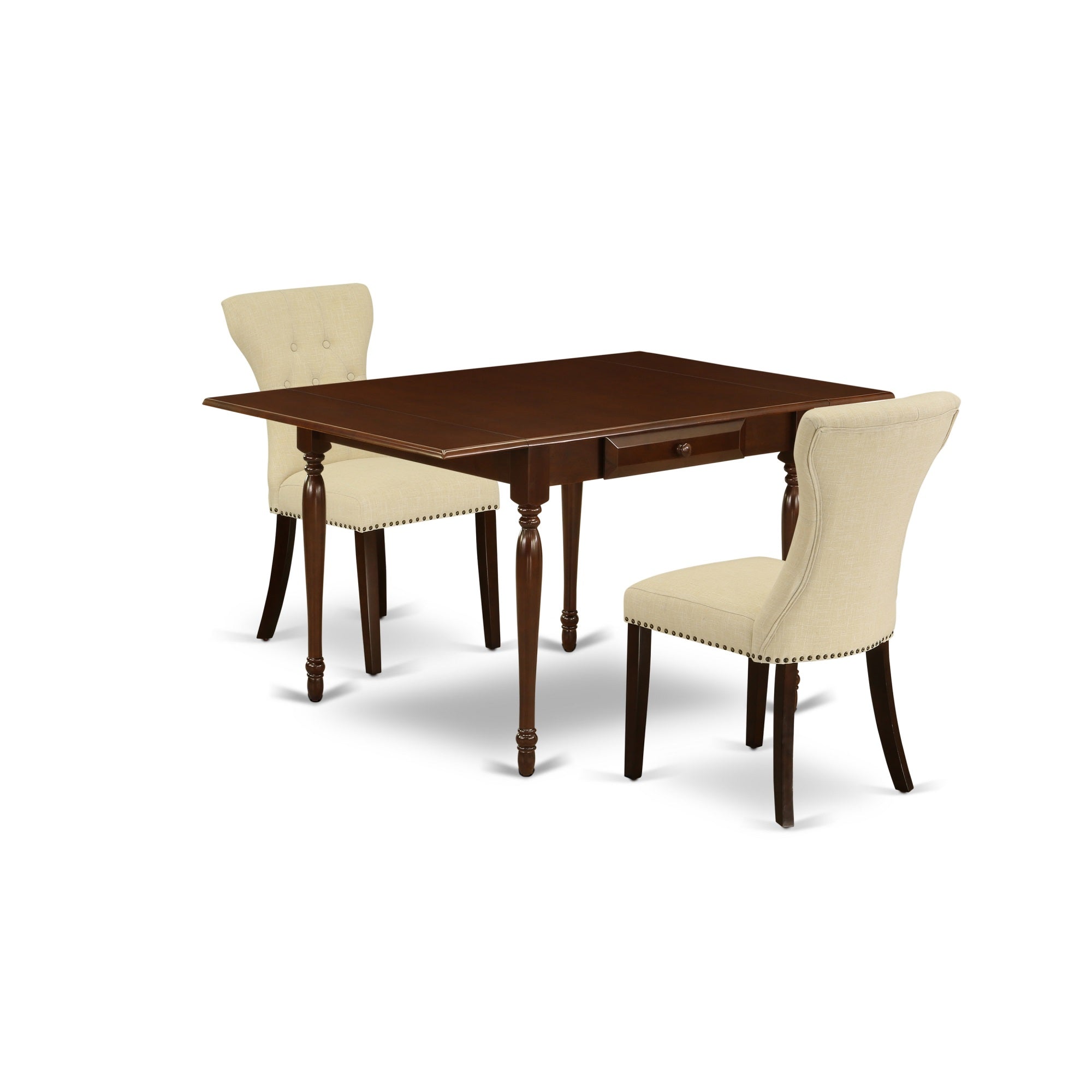 East West Furniture Mzga3-Mah-32 3-Piece Dining Table Set Included A Drop Leaves Rectangular Wood Kitchen Table & 2 Dining Chairs, Light Beige Linen Fabric Parson Chairs Seat With Rubber Wood Legs, Mahogany Finish