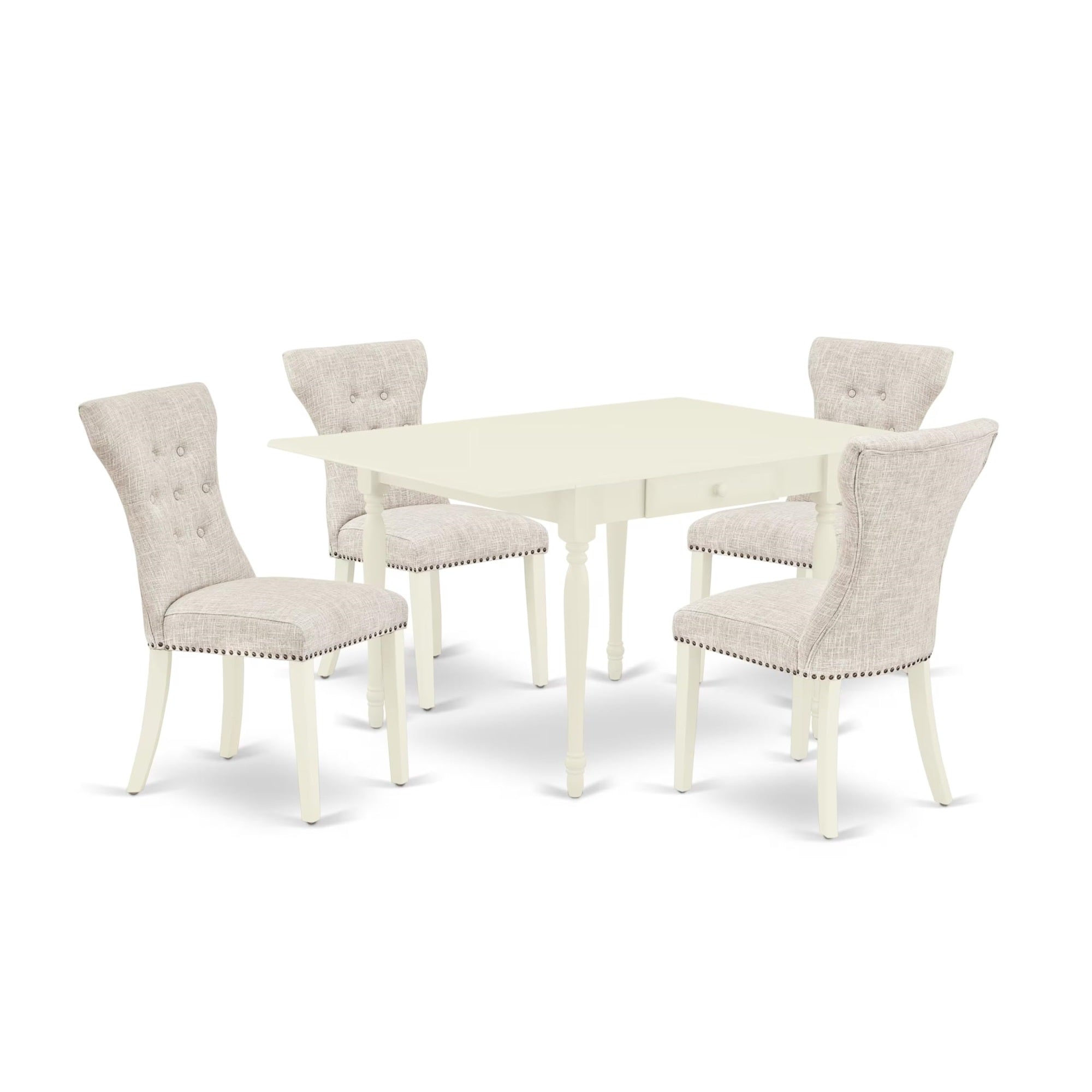 Casafoyer Monza 5 Piece Set Includes A Rectangle Dining Room Table With Dropleaf And 4 Doeskin Fabric Upholstered Parson Chairs, 36X54 Inch, Linen White