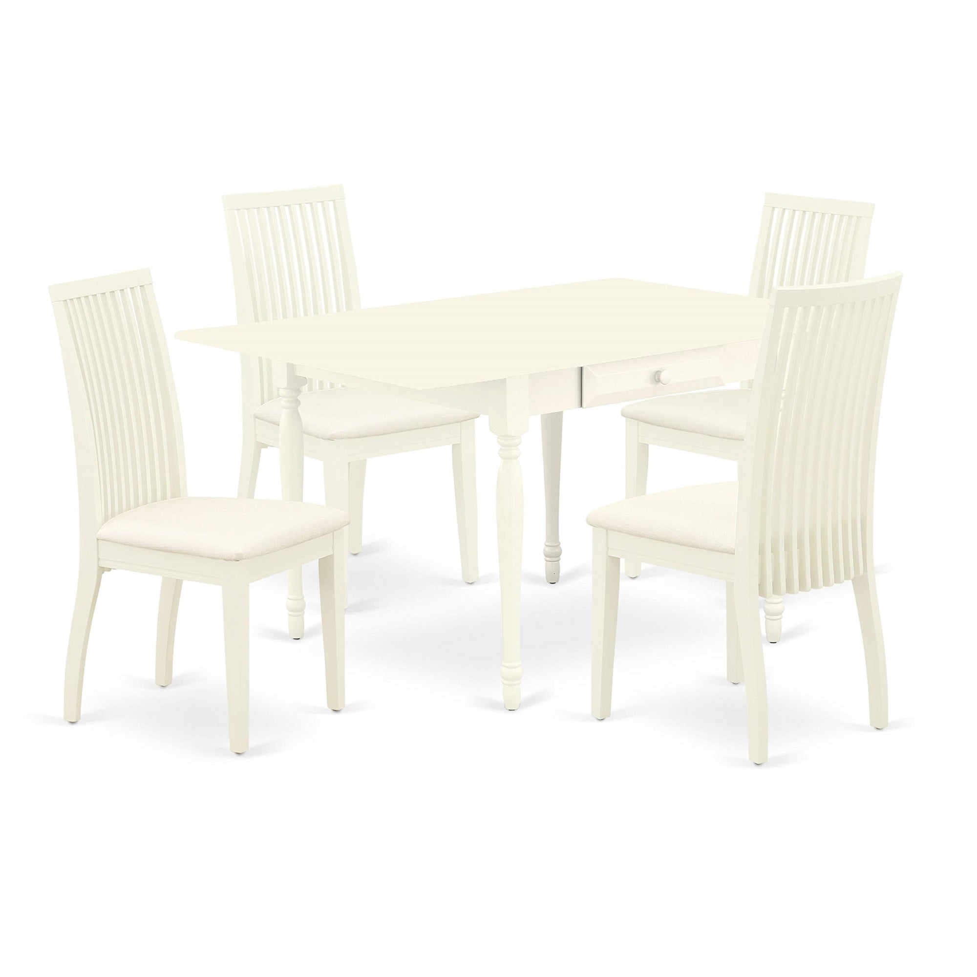 Ergode Mzip5-Lwh-C, 5-Piece Wood Dining Table Set, Linen White Finish, Asian Hardwood, Drop-Leaf Table, 4 Upholstered Chairs