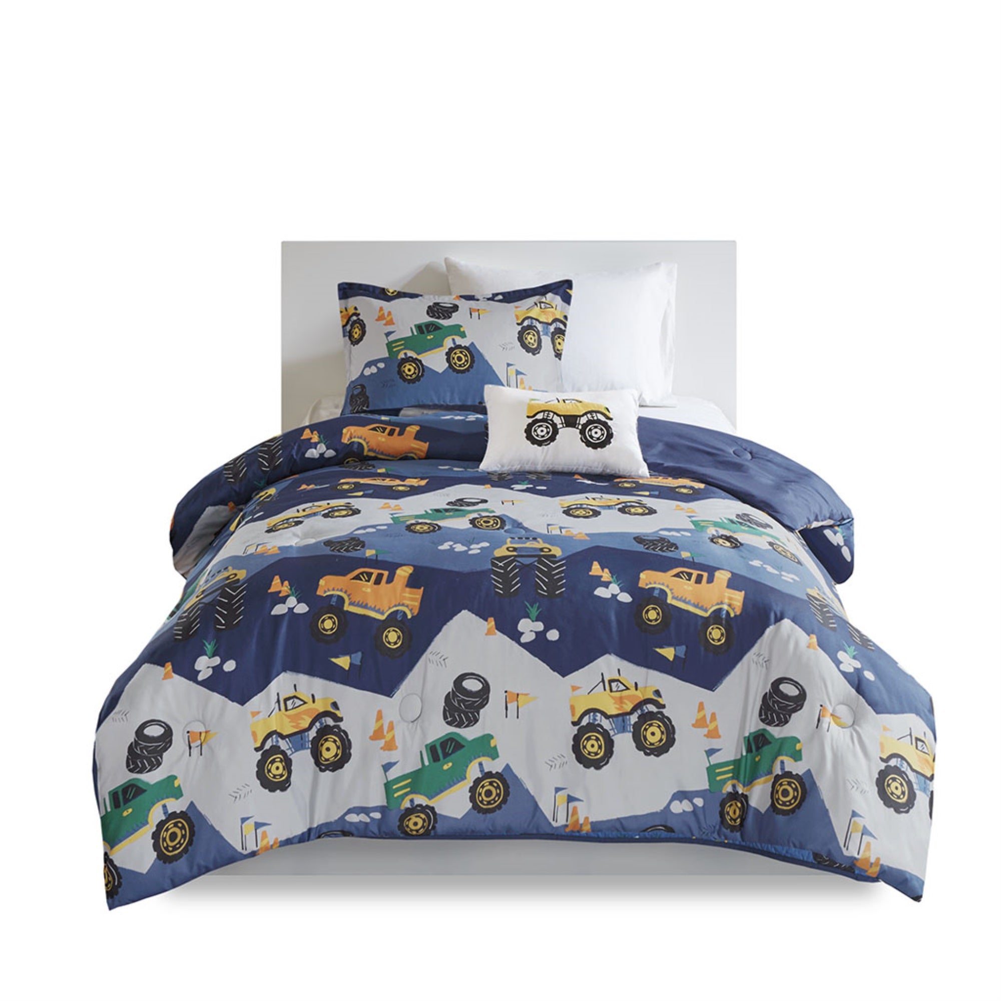 Ergode Printed Monster Truck Comforter Set - Blue/Grey - Ultra-Soft - Machine Washable -  - Includes Shams and Decorative Pillow - Cozy and Stylish - Perfect for Kids' Bedroom