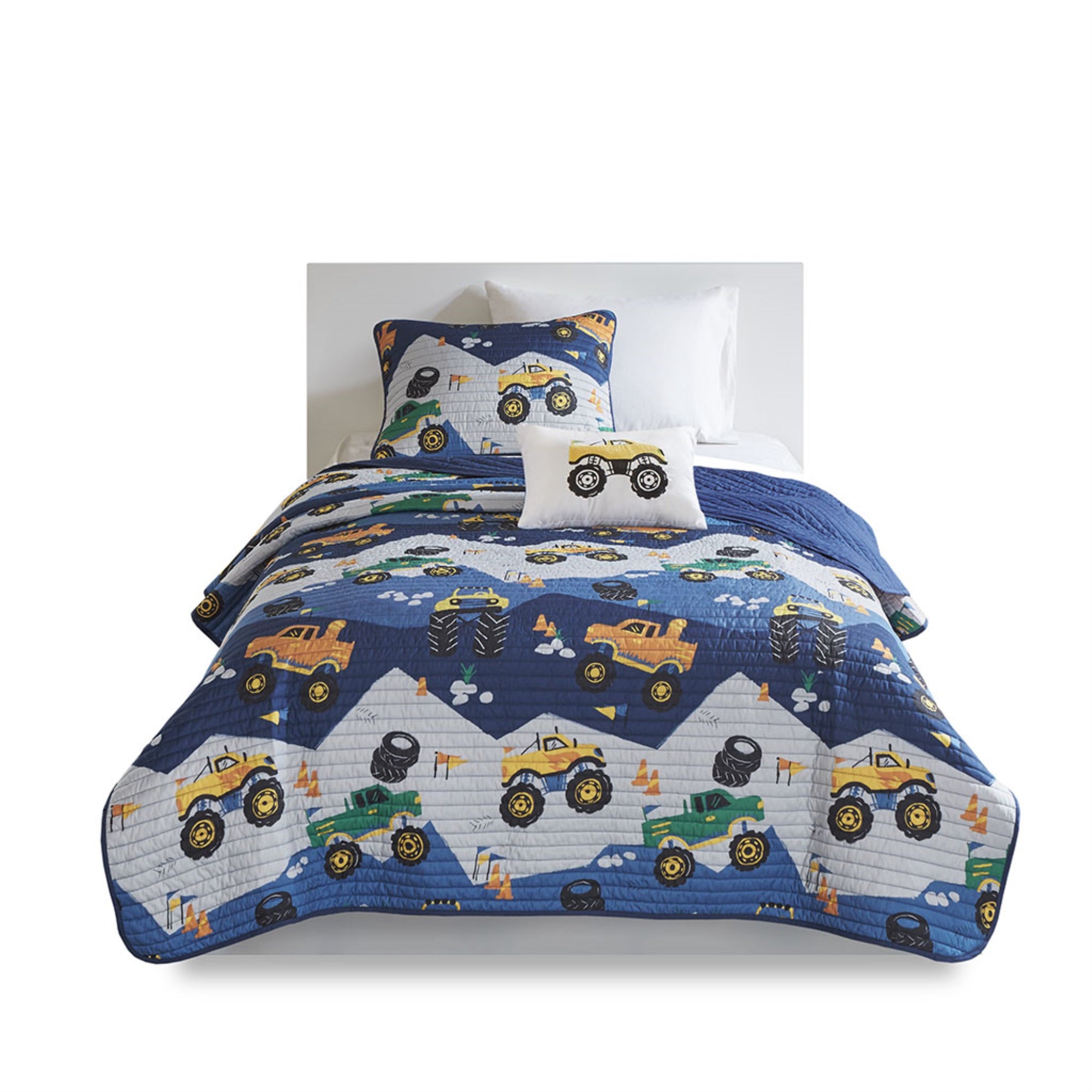 Nash Monster Truck Reversible Quilt Set with Throw Pillow, Blue 100% Polyester Brushed Fabric, All-Over Quilted Cotton Filling, Pre-Washed, Sham with 0.5″ Flange