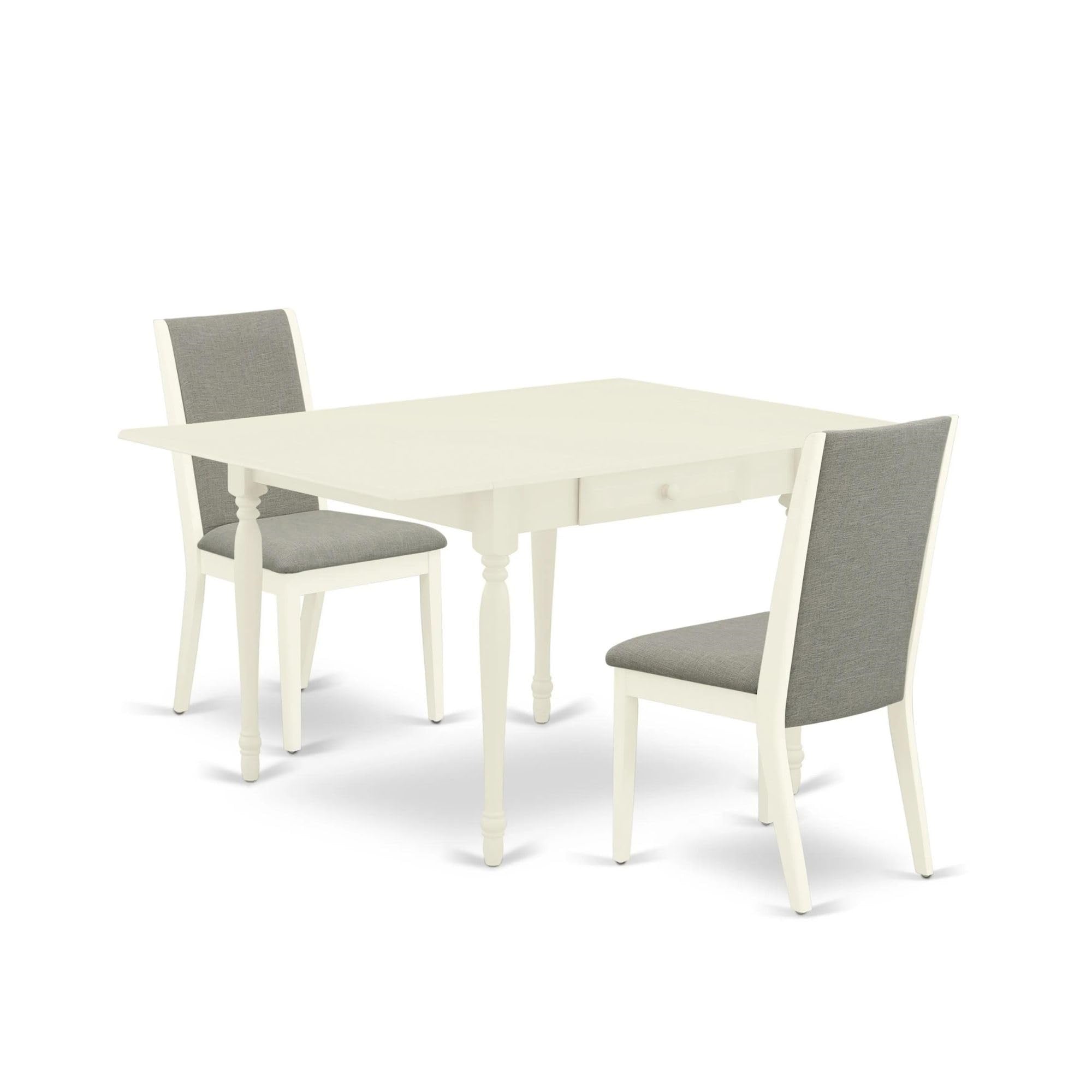 Casafoyer Mzla3-Lwh-06 3 Piece Kitchen Table & Chairs Set Contains A Rectangle Dining Table With Dropleaf And 2 Shitake Linen Fabric Upholstered Chairs, 36X54 Inch, Linen White